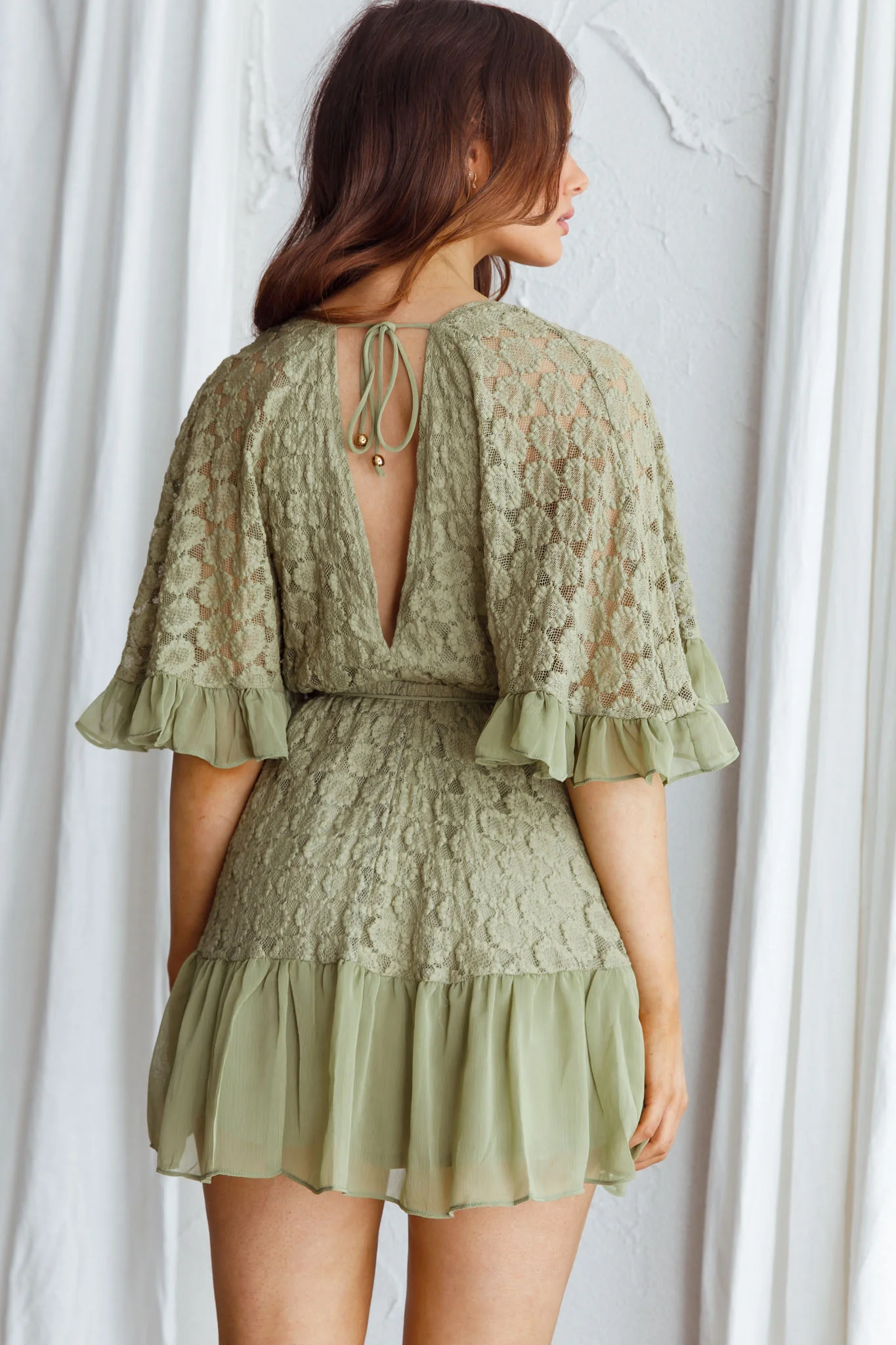 Clover Embroidered Surplice Neckline Dress Avocado - Seraphlike