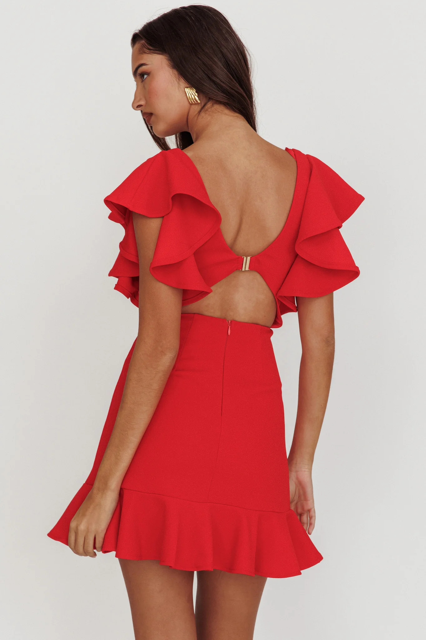 Cupid's Bow V-Neckline Ruffle Shoulder Bodycon Dress Red - Seraphlike