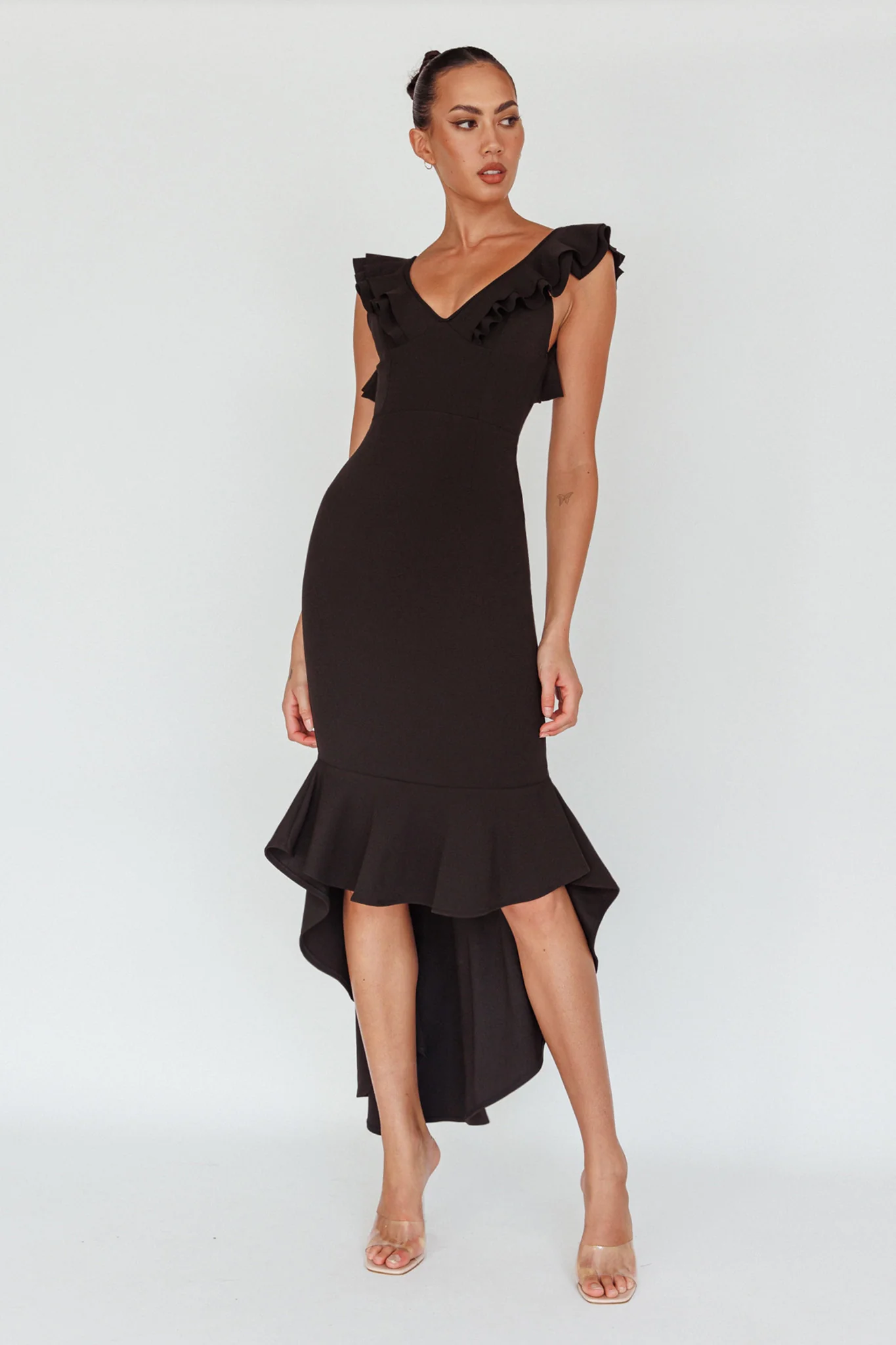 Pearl Ruffle Strap High-Low Hem Dress Black - Seraphlike
