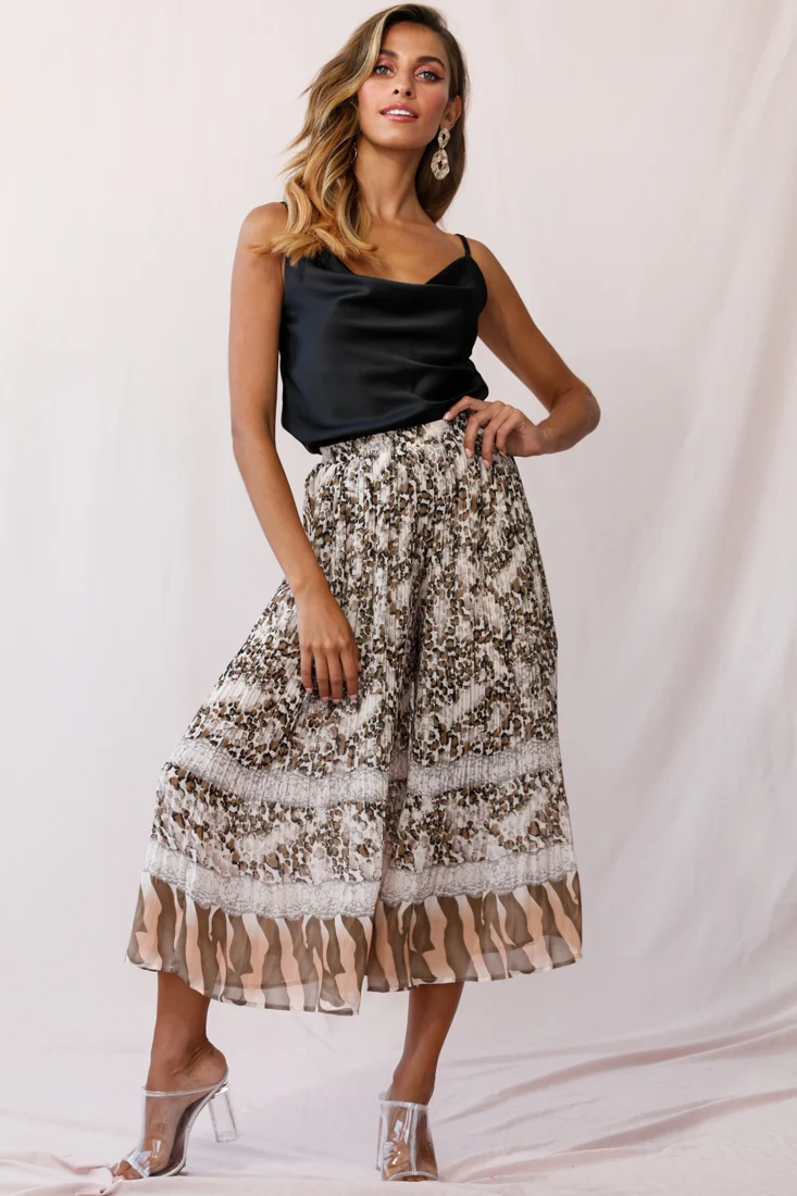 Gemini Accordion Pleat Wide Leg Pants Brown Leopard - Seraphlike