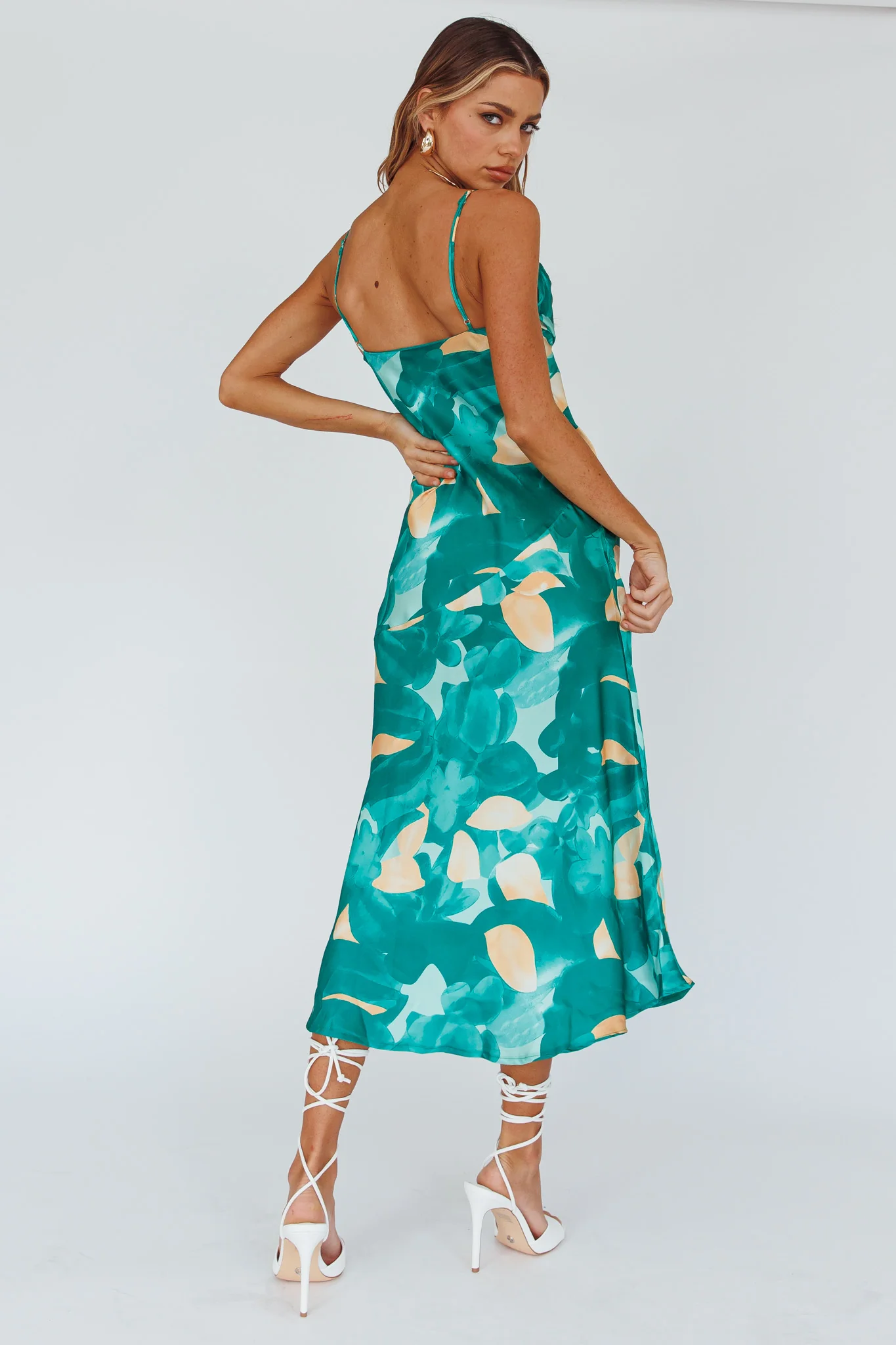 Well Versed Pleated Bust Front Split Dress Flora Green - Seraphlike