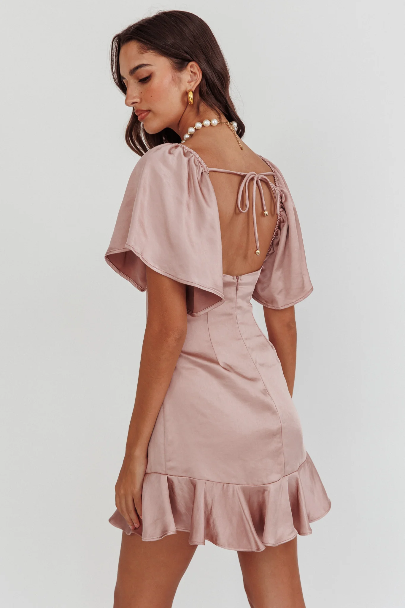 Eyes On You Pleated Bust Angel Sleeve Ruffle Hem Dress Blush - Seraphlike