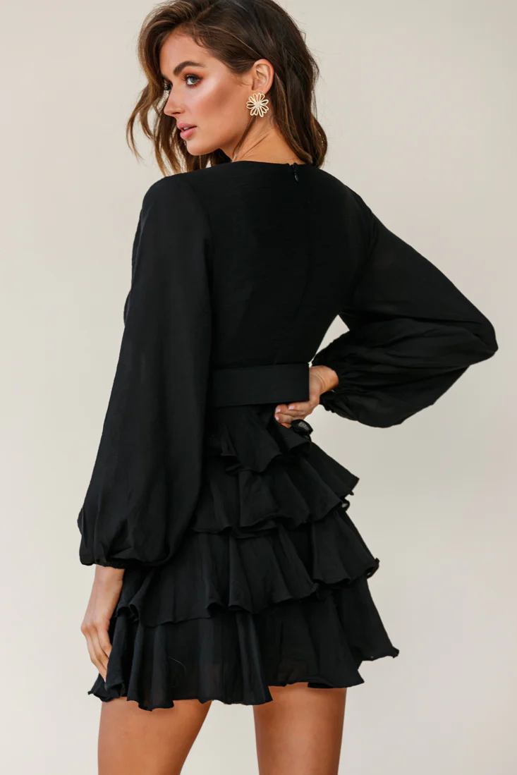 Queensland Balloon Sleeve Tiered Frill Belt Dress Black - Seraphlike