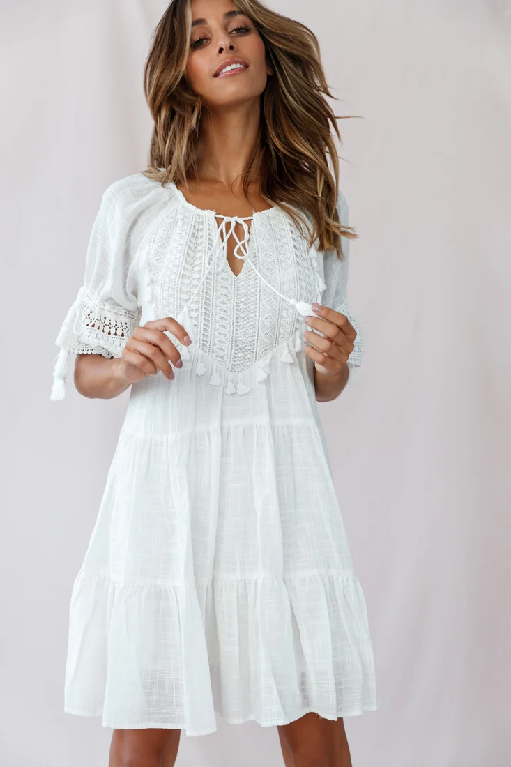 Jada Crochet and Tassel Kaftan Dress White - Seraphlike