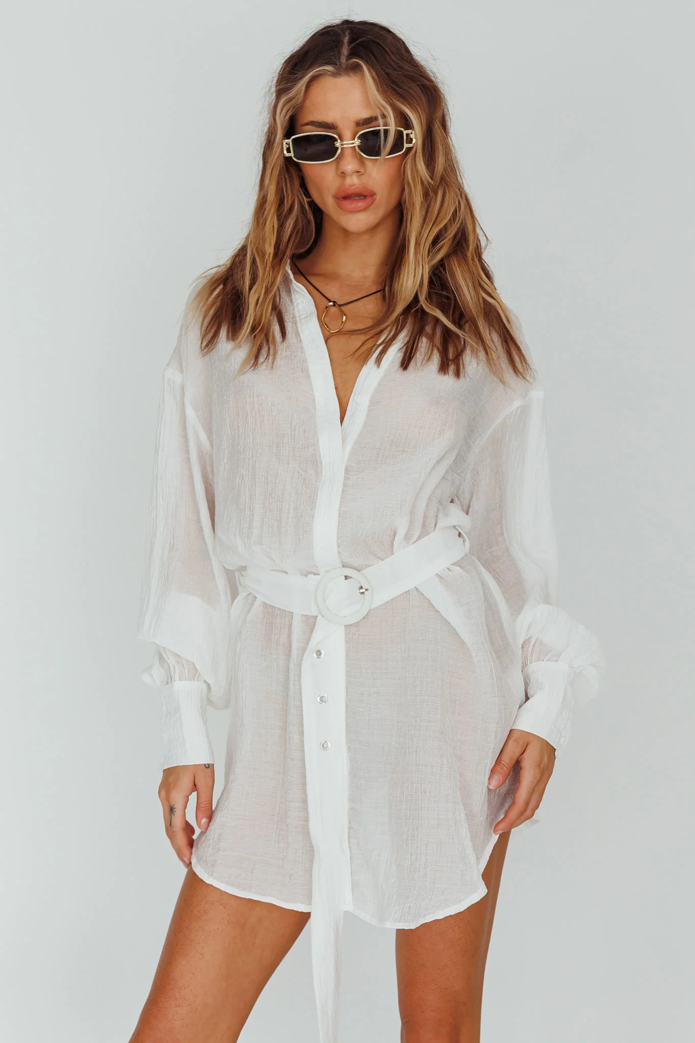 Sady Long Sleeve Shirt Mini Dress White - Seraphlike