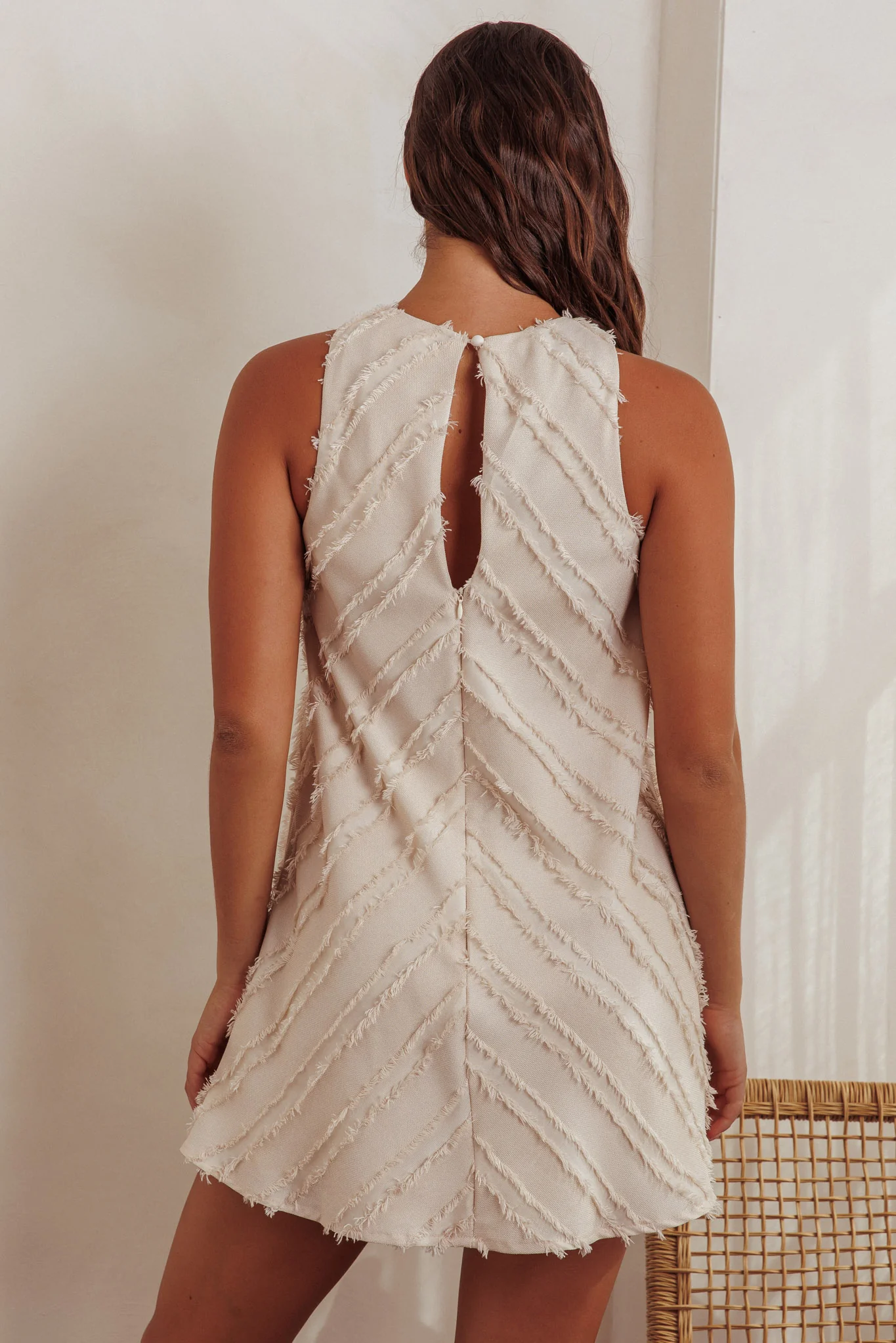 Caro Fringe Trim Shift Mini Dress Cream - Seraphlike