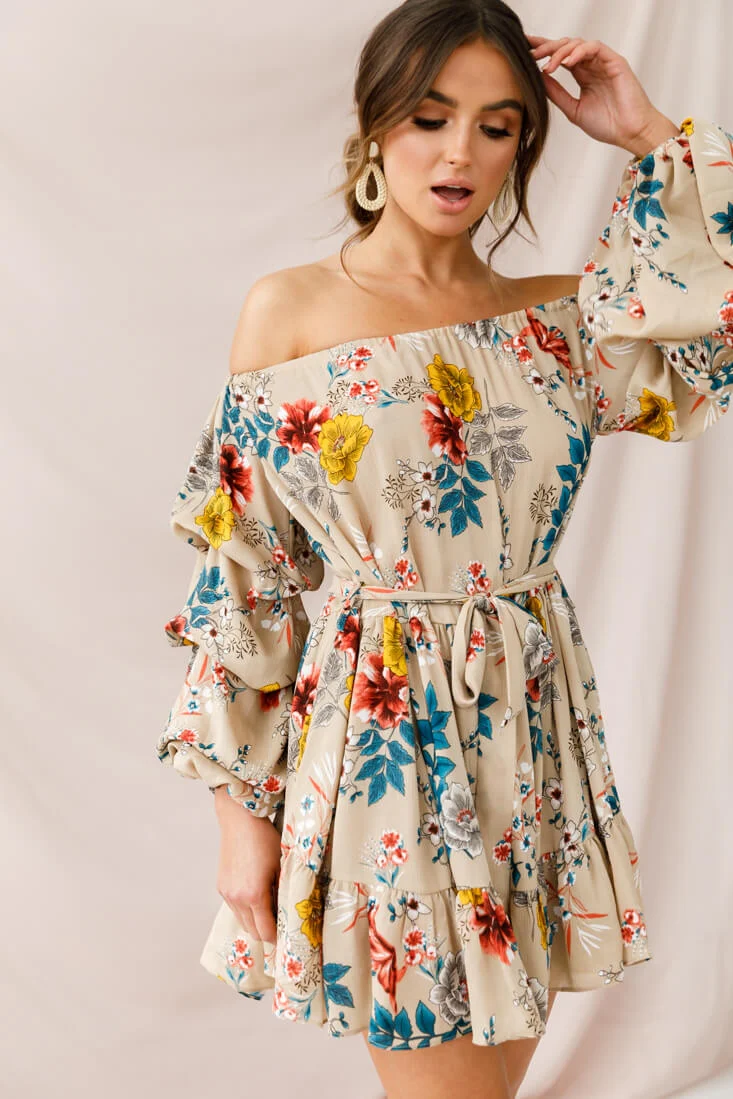 Frida Off-Shoulder Waist Tie Dress Beige - Seraphlike