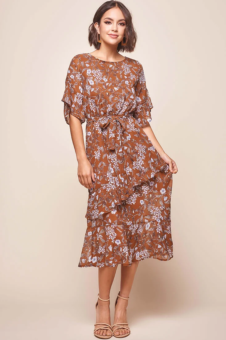 Jackson Waist Tie Ruffle Dress Rust Print - Seraphlike