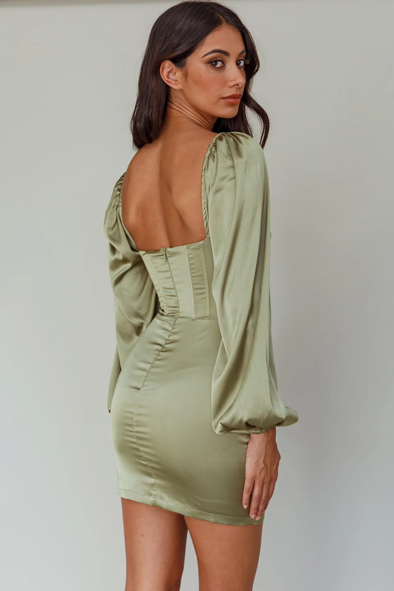 Au Revoir Long Sleeve Satin Mini Dress Sage - Seraphlike