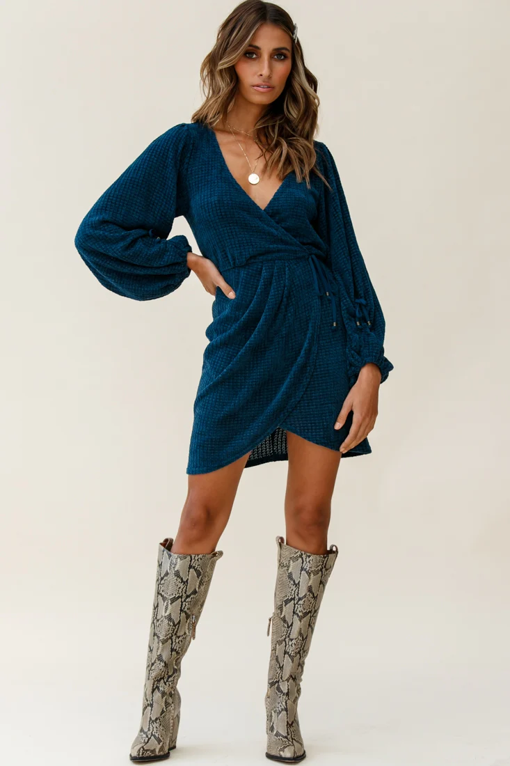 Make Way Balloon Sleeve Wrap Dress Teal - Seraphlike