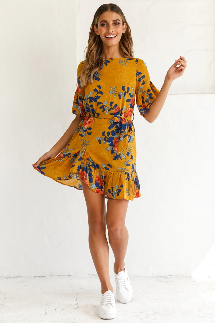 Azealia Floral Wrap Dress Mustard - Seraphlike
