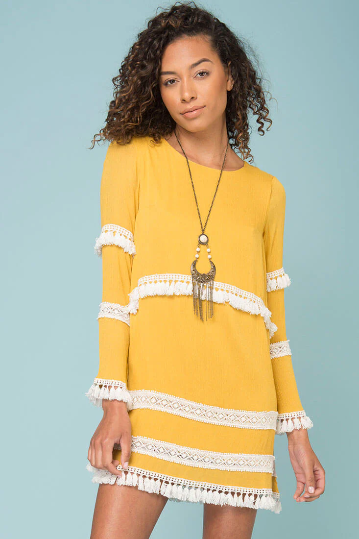 Ansley Cute Tassle Dress Yellow Mustard - Seraphlike