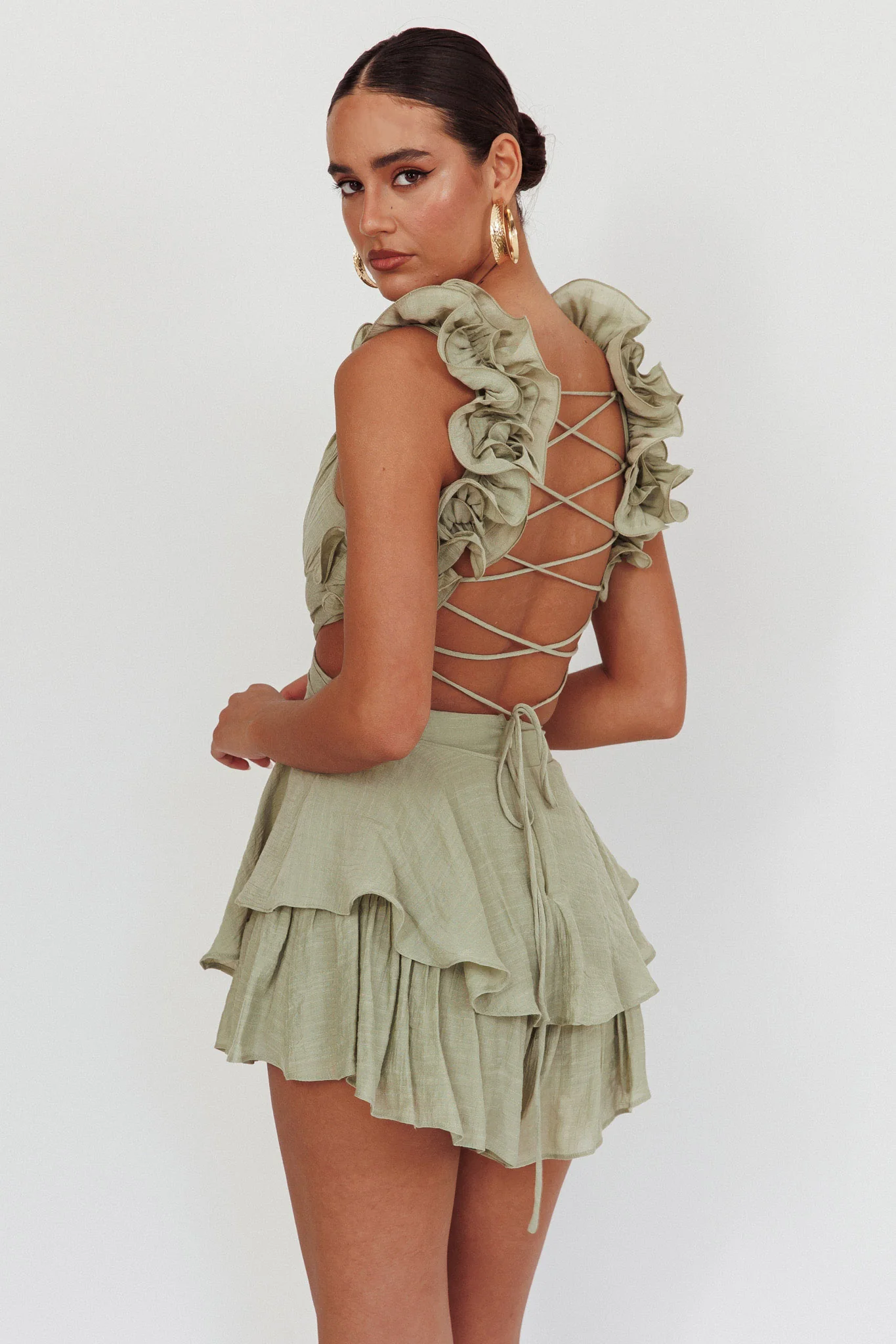 Madara Lace-Up Back Romper Sage - Seraphlike