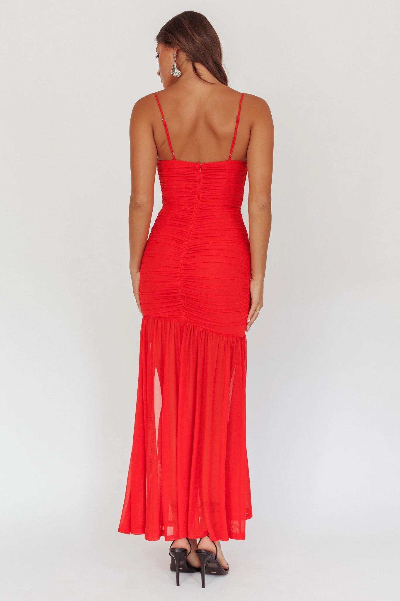 Stole The Show Ruched Mesh Maxi Dress Red - Seraphlike