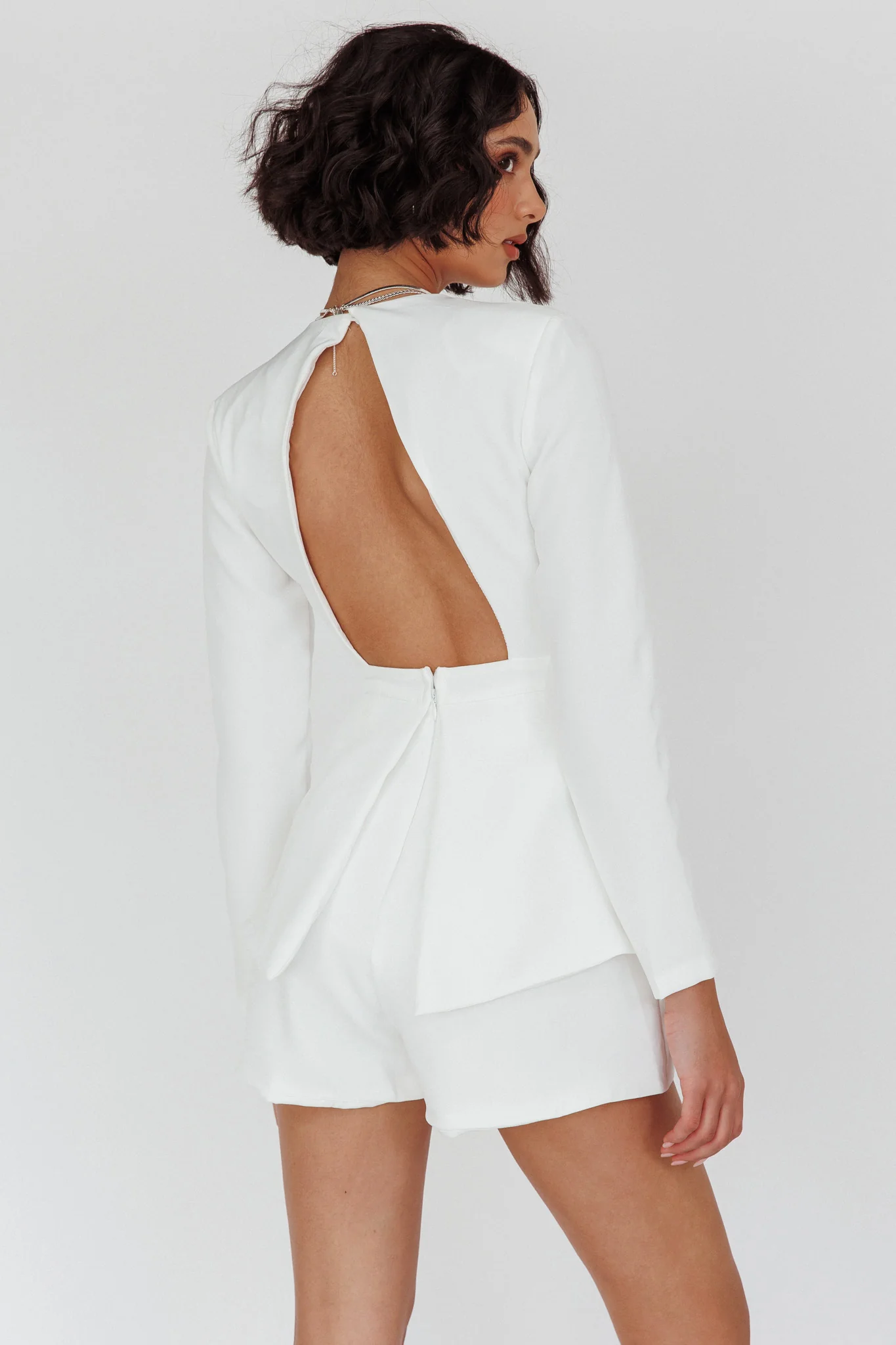 Kamanah Long Sleeve Plunging Neckline Romper White - Seraphlike