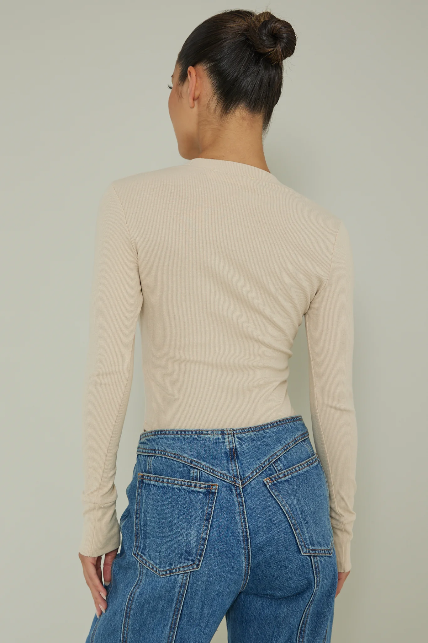 Henley Snap Front Bodysuit Beige - Seraphlike