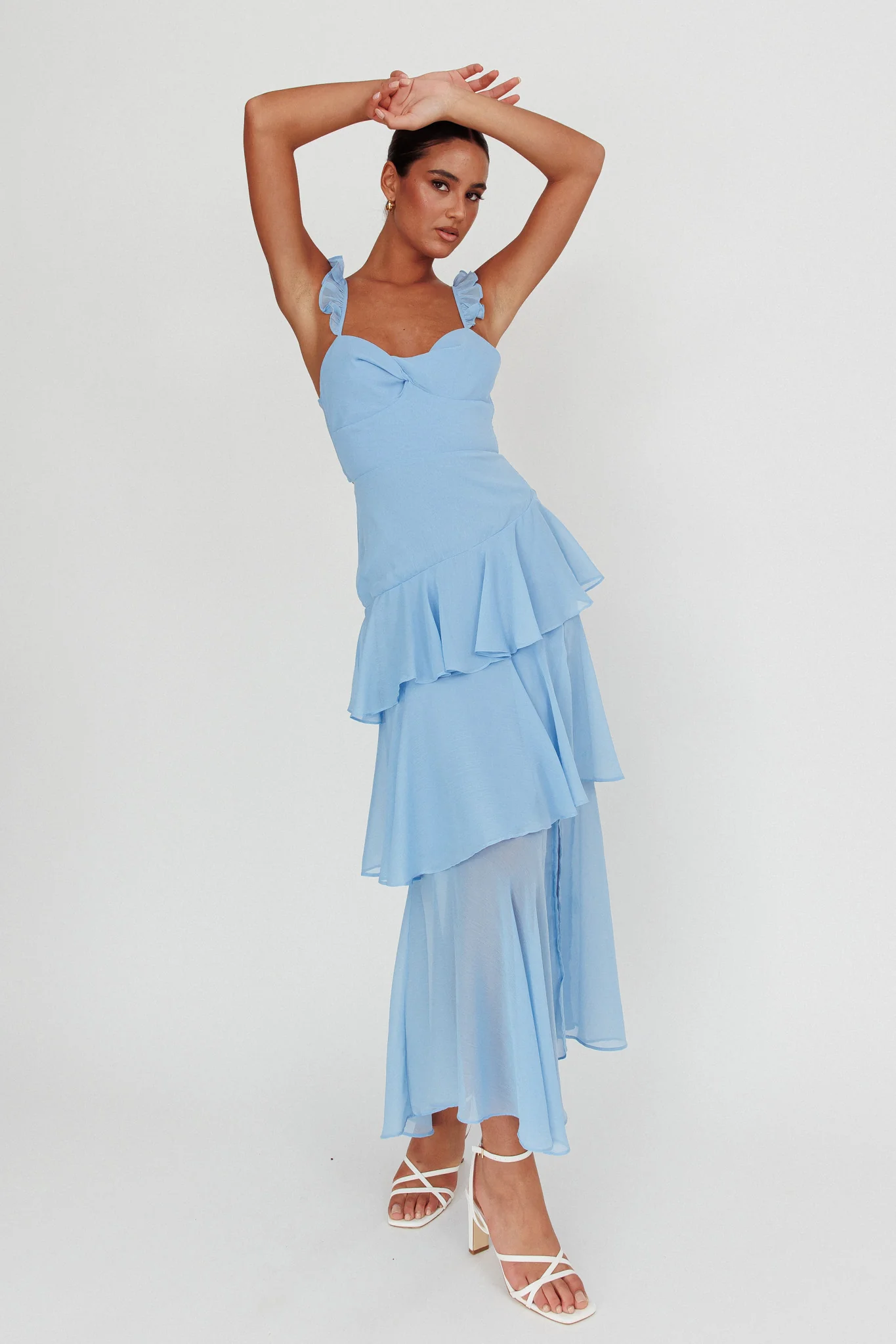 Veda Ruffle Strap Split Maxi Dress Blue - Seraphlike
