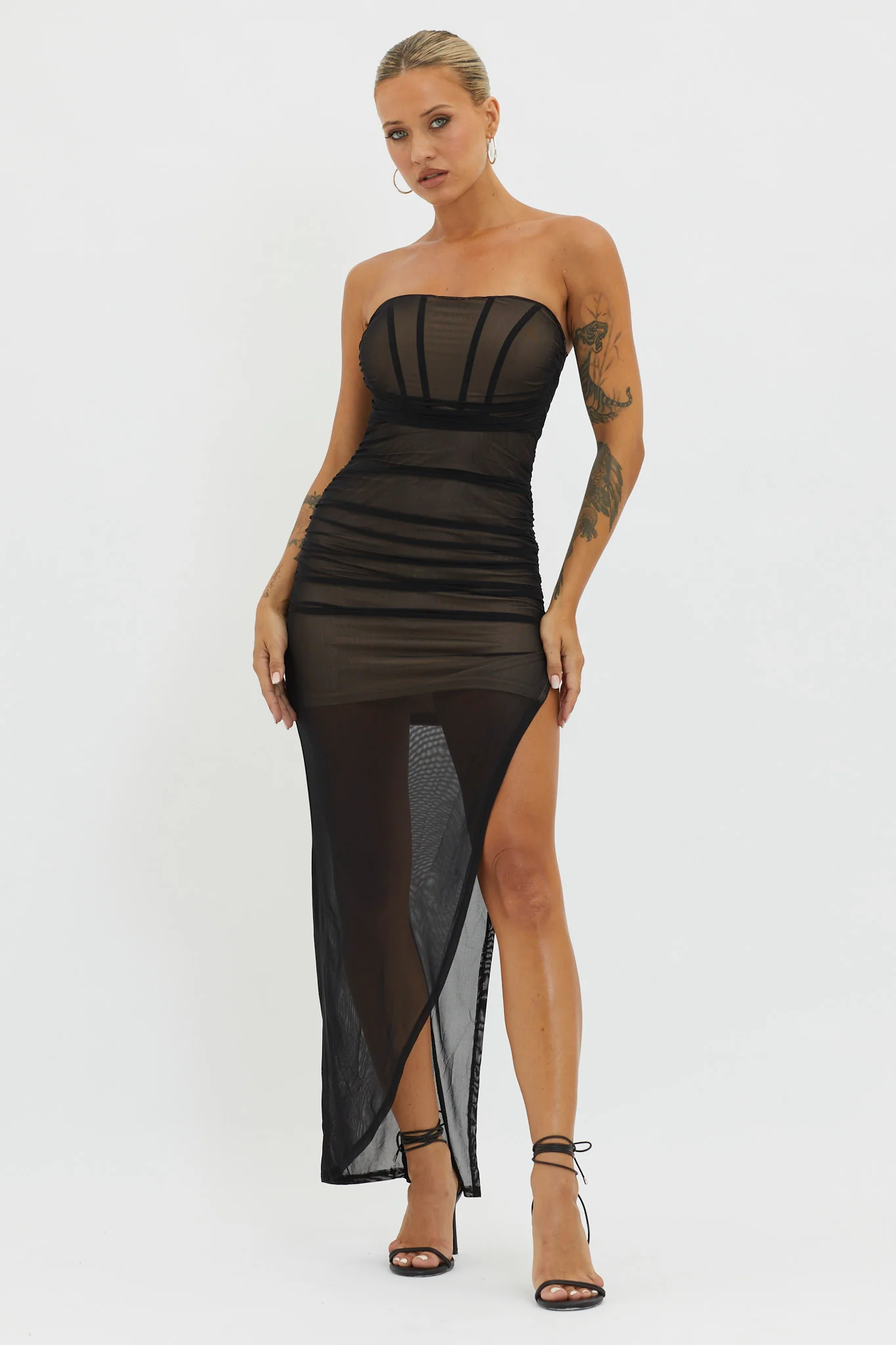 LA Nights Strapless Sheer Midi Dress Black/Nude - Seraphlike