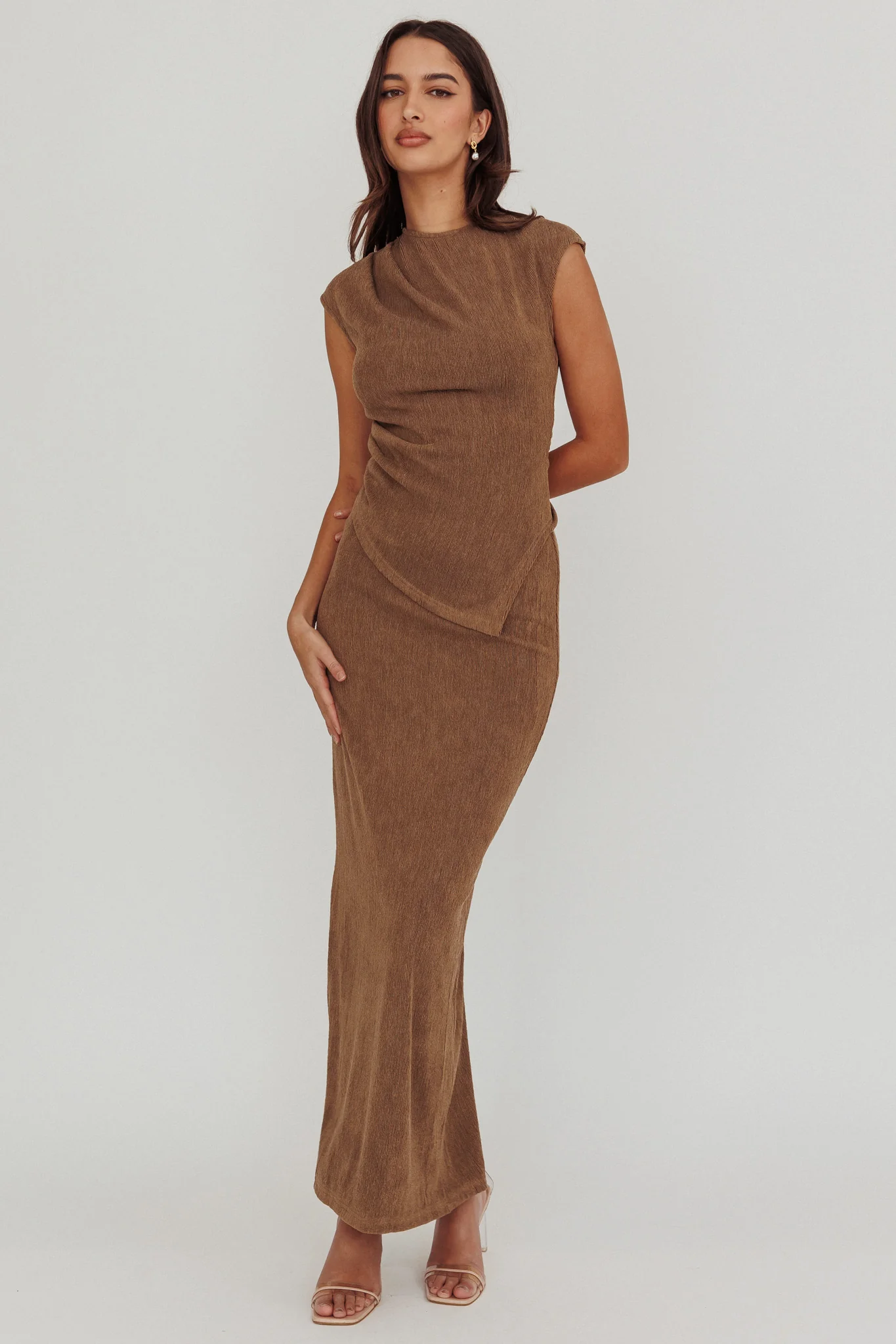 Calculated Ribbed Knit Maxi Skirt Brown - Seraphlike