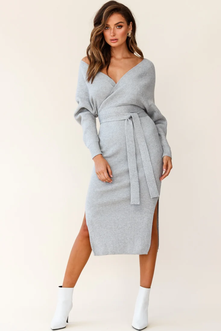 Cameo Batwing Knit Midi Dress Grey - Seraphlike