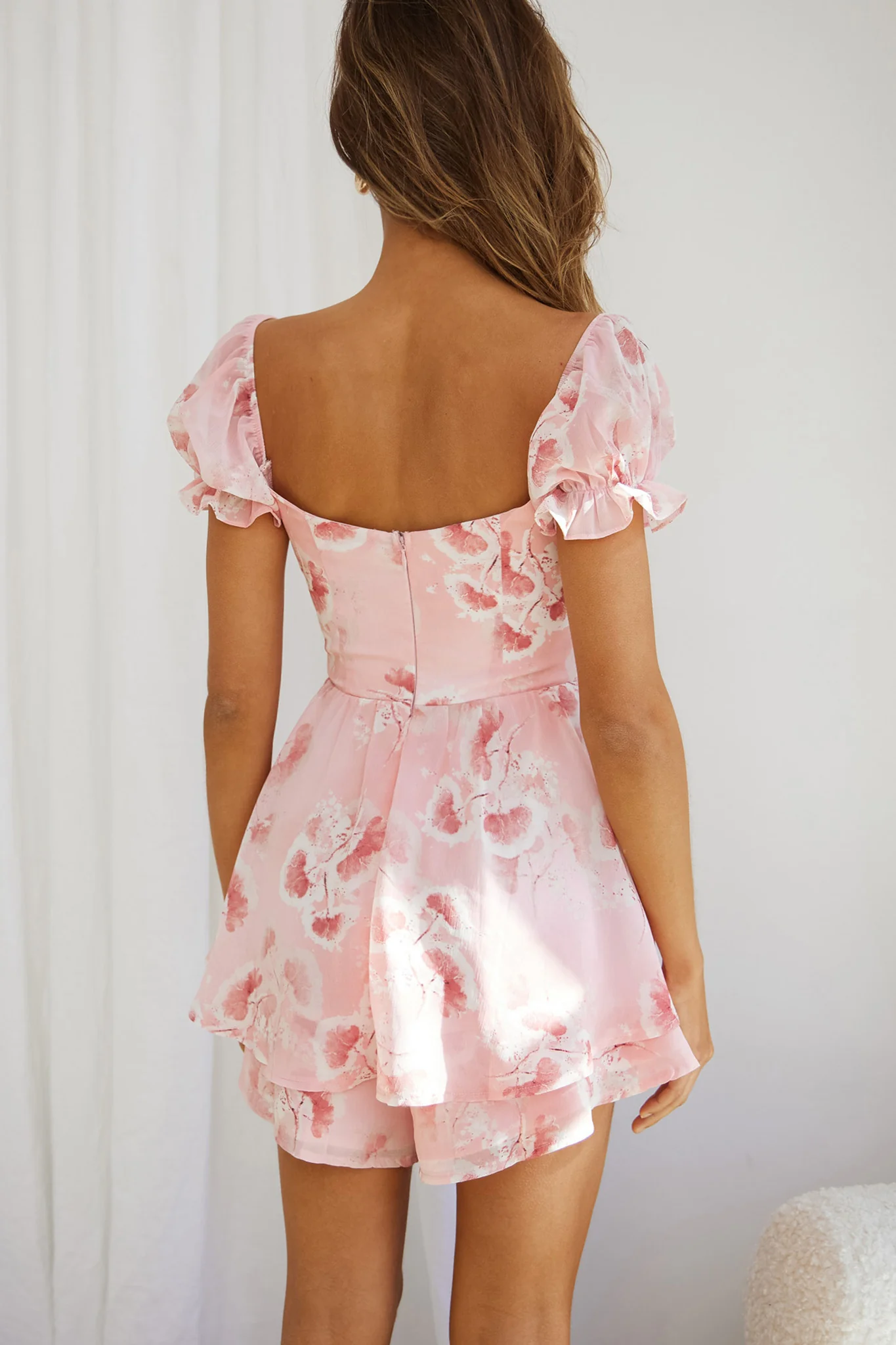 Sweet Romance Puff Sleeve Romper Watercolor Print Pink - Seraphlike