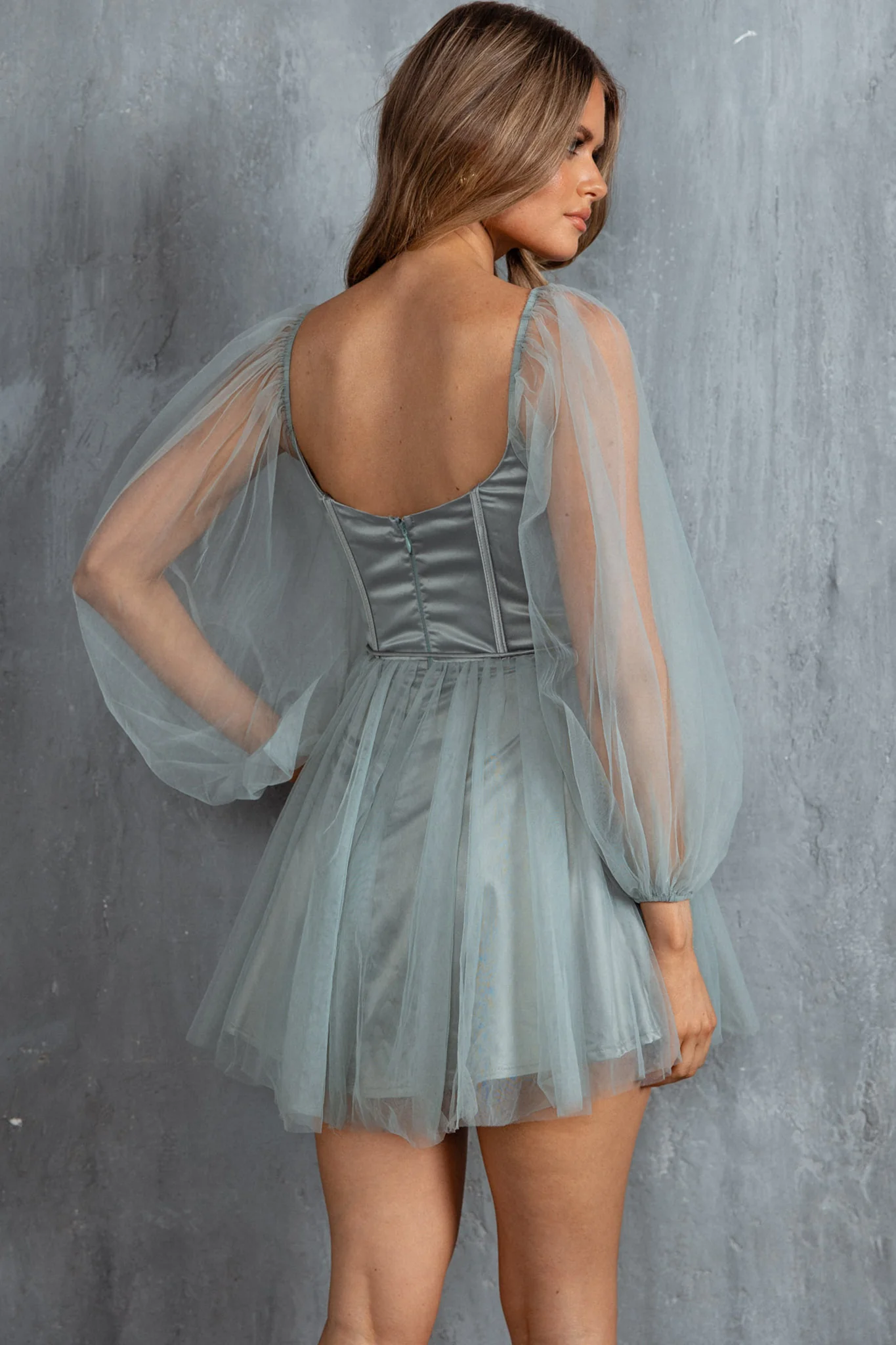 Fairytale Dream Sheer Sleeve Mini Dress Sage - Seraphlike