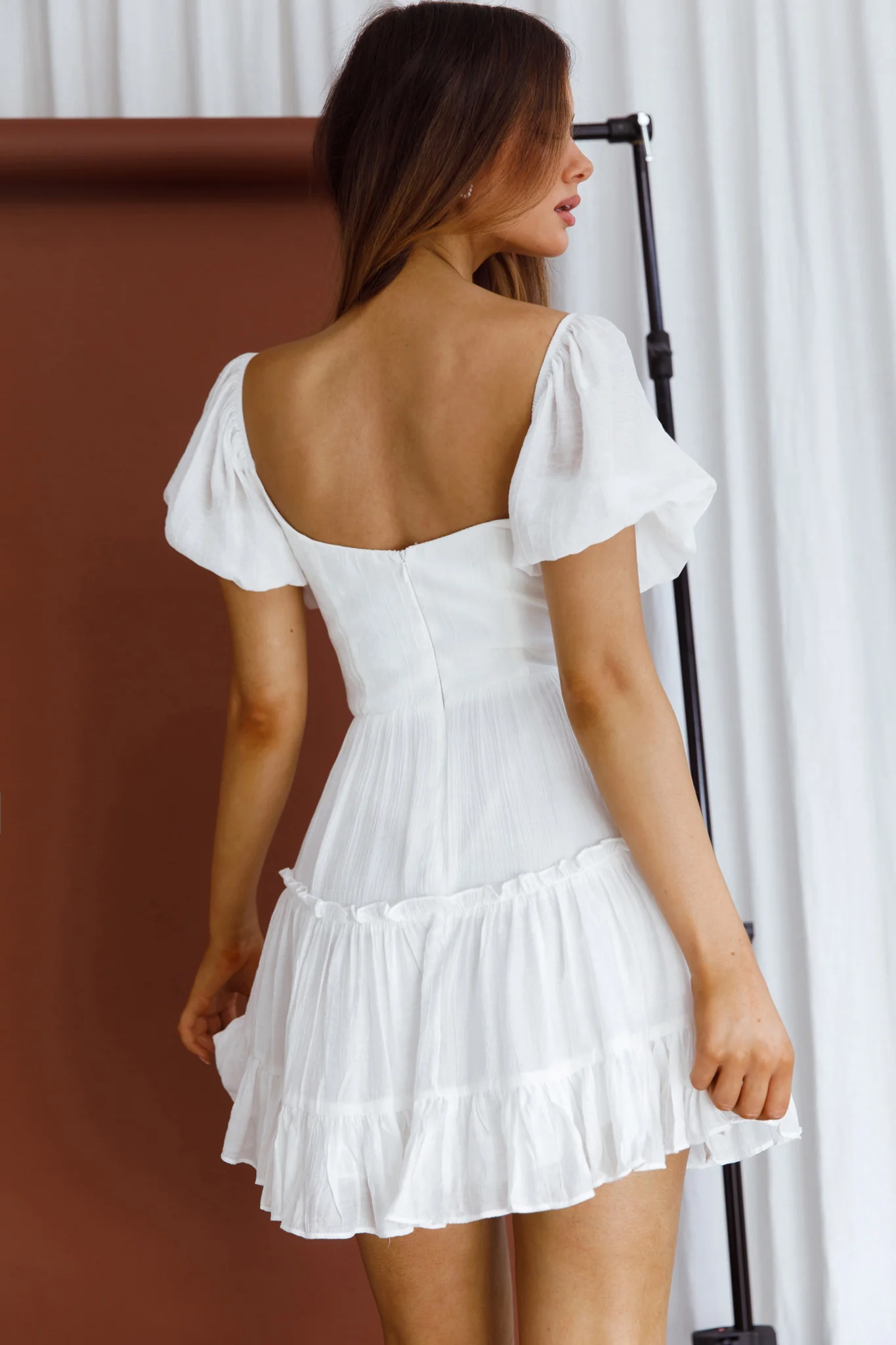 Camille Gathered Bodice Puff Sleeve Flounce Hem Mini Dress White - Seraphlike