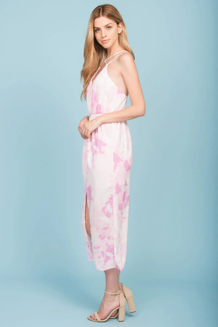 Emilia Open Back Floral Print Midi Dress Pink - Seraphlike
