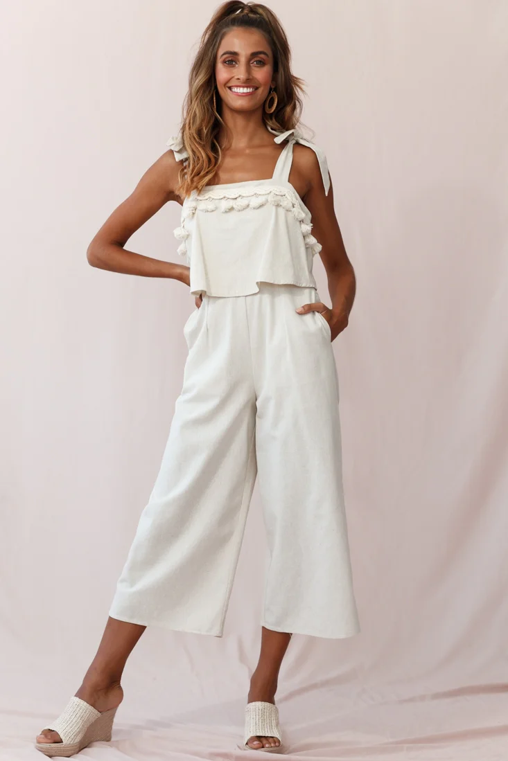 Sirocco Tassel Trim Tied Shoulder Midi Jumpsuit Natural - Seraphlike