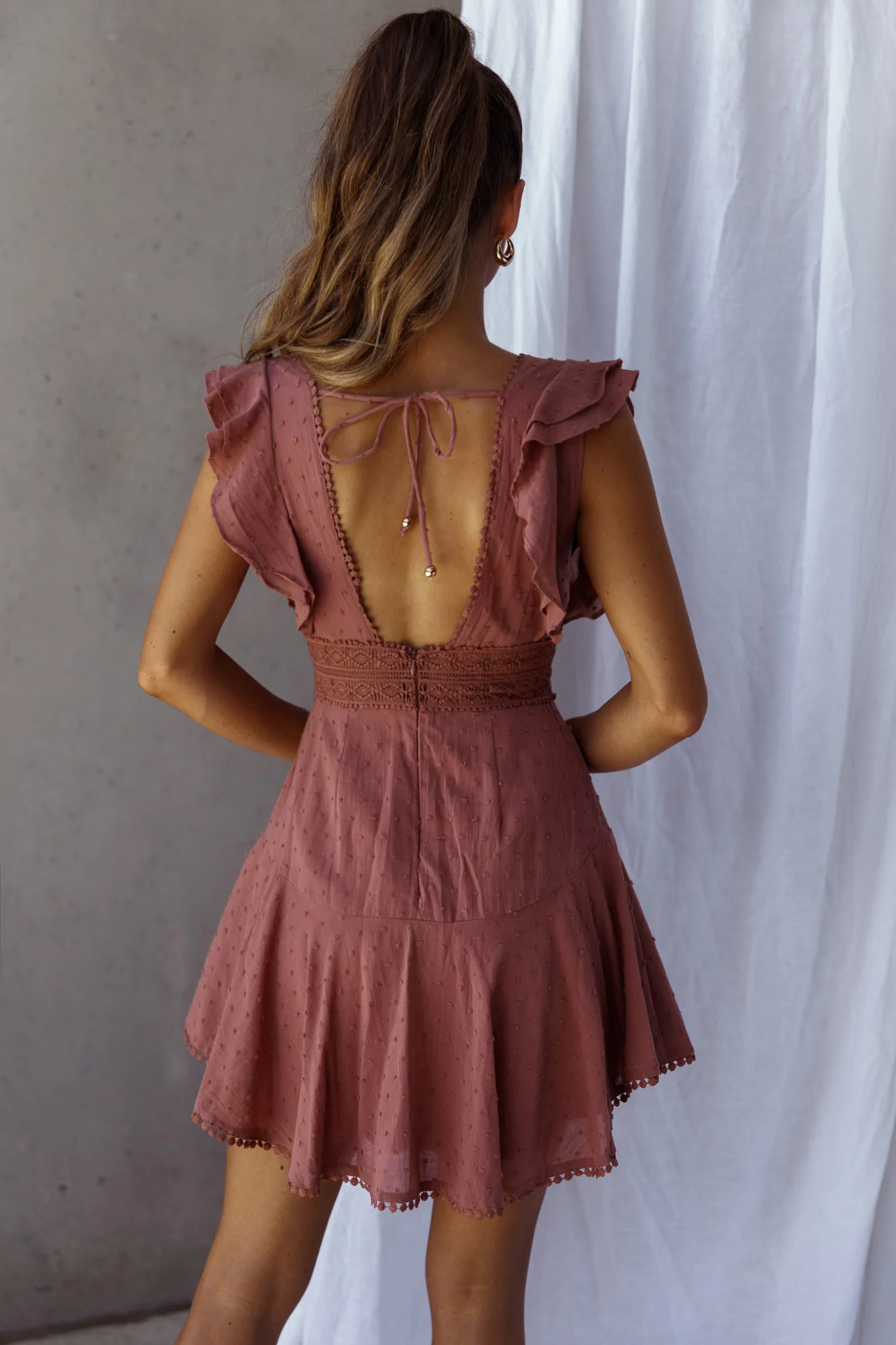 Idyllwild Ruffle Shoulder Mini Dress Rose - Seraphlike