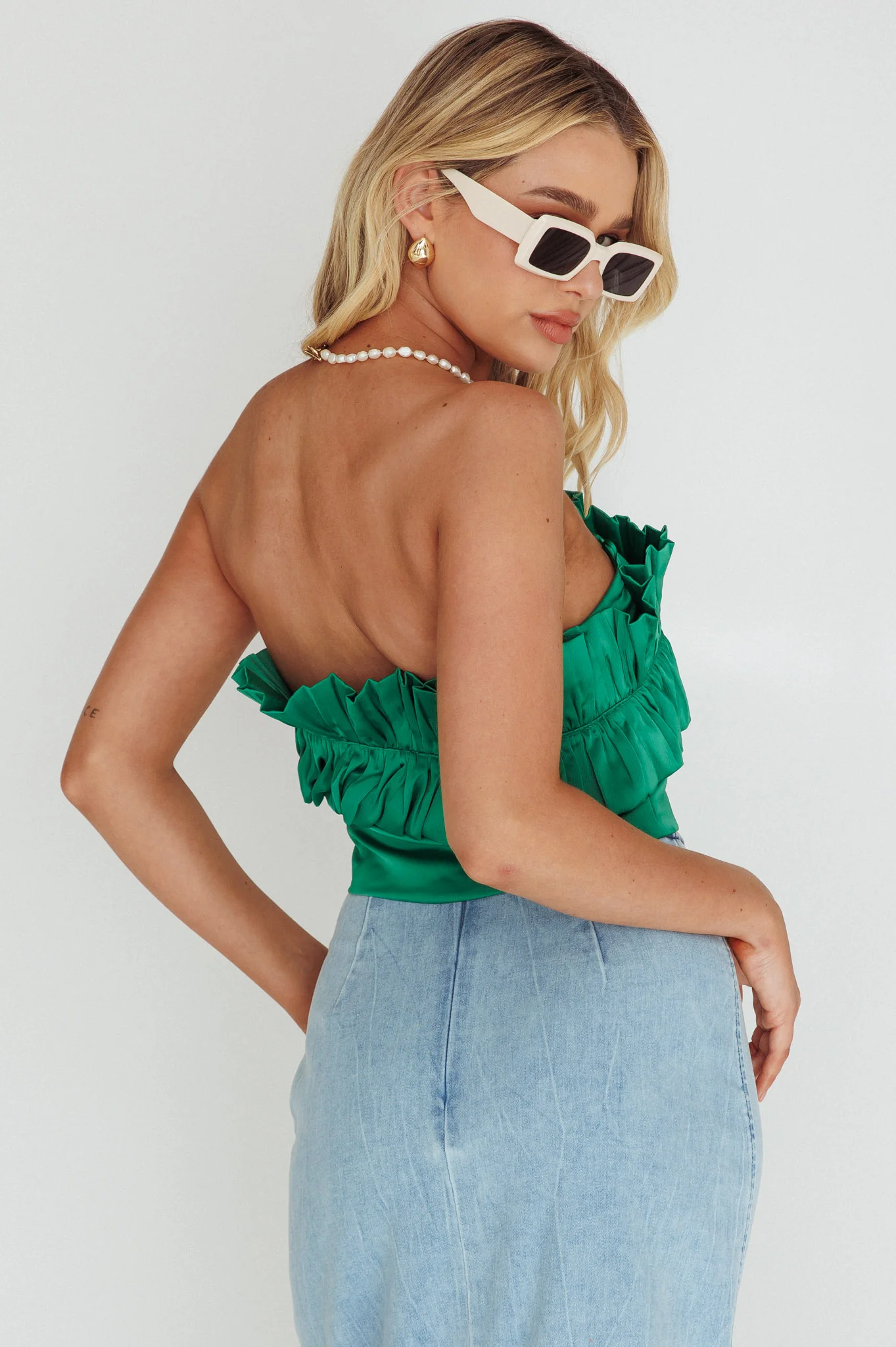 La Belle Frill Neckline Crop Top Green - Seraphlike