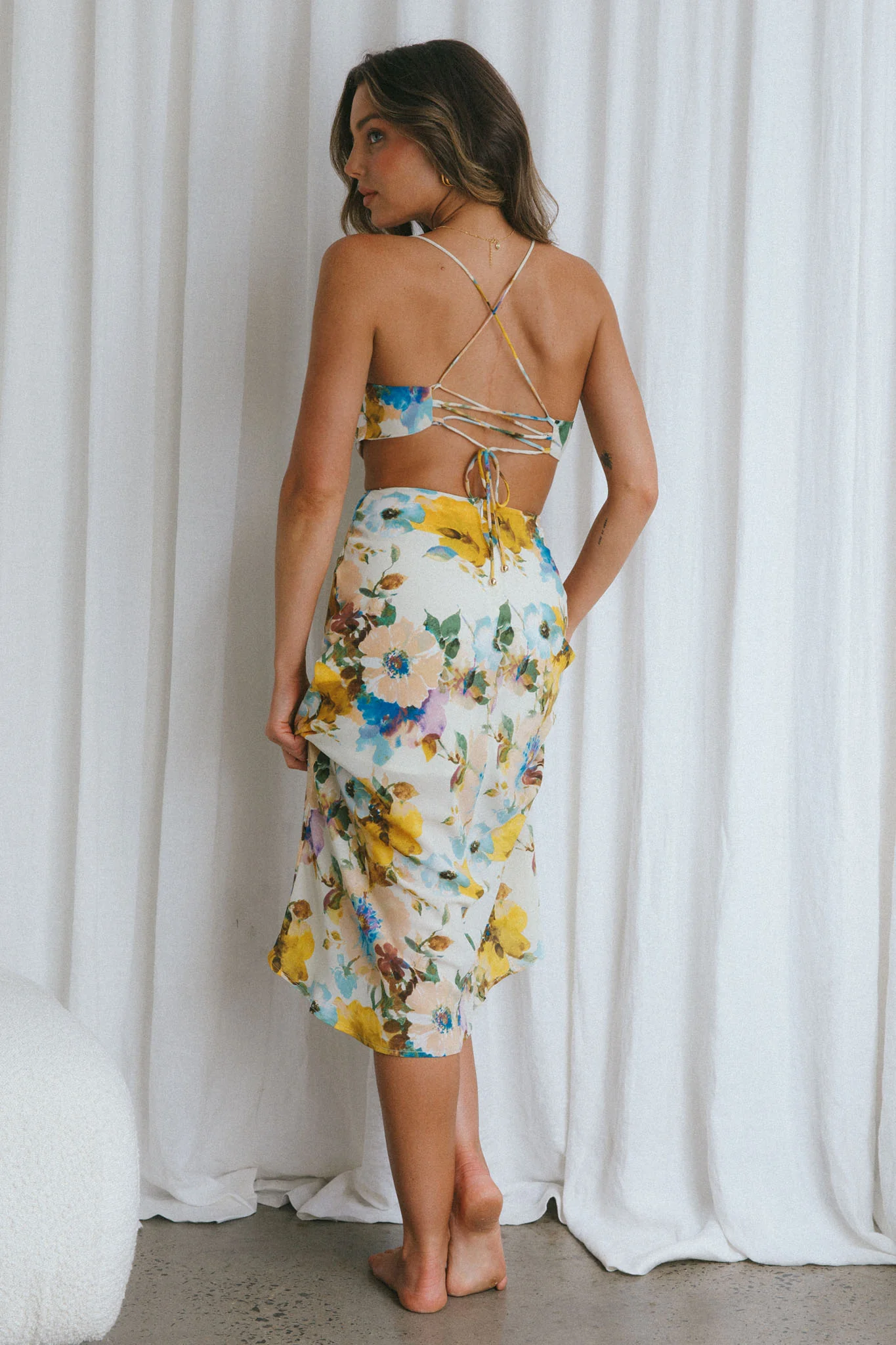 Sunday Bliss Tie-Up Back Cowl Neck Midi Dress Floral Yellow - Seraphlike