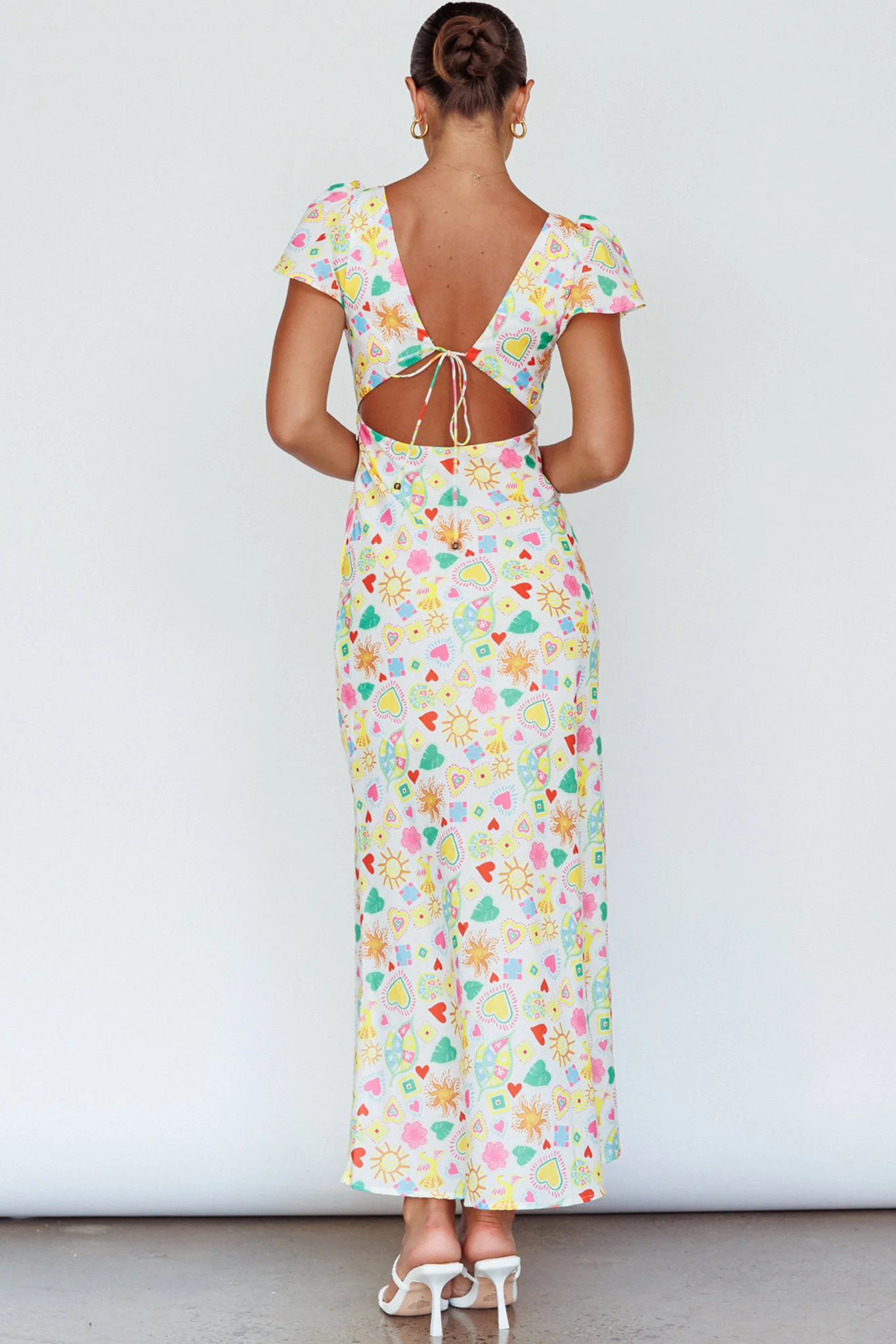 Long Summer Flutter Sleeve Maxi Dress Printed White - Seraphlike