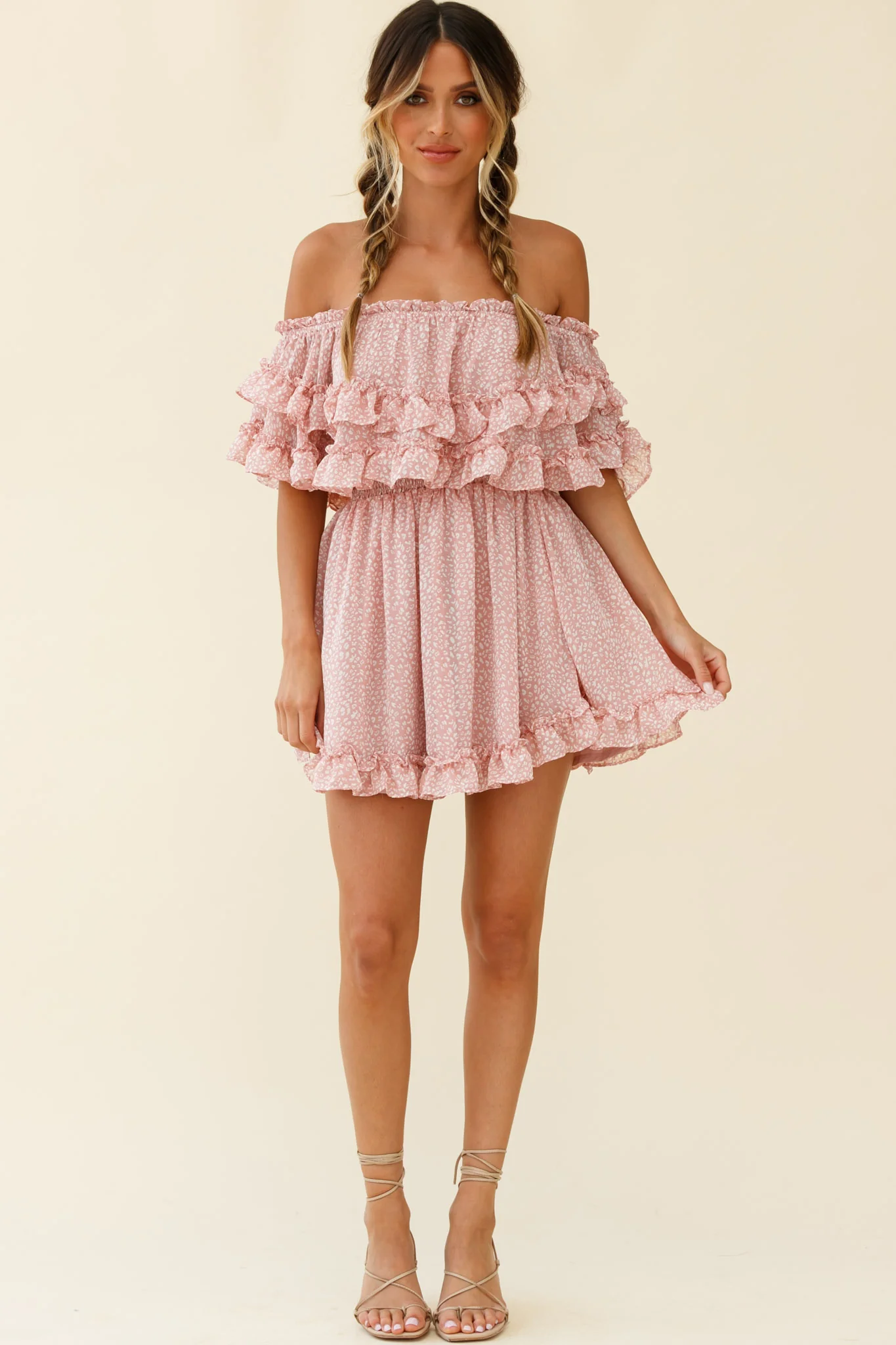 Meet Me At Sunset Bardot Neckline Frill Trim Dress Speckle Print Pink - Seraphlike