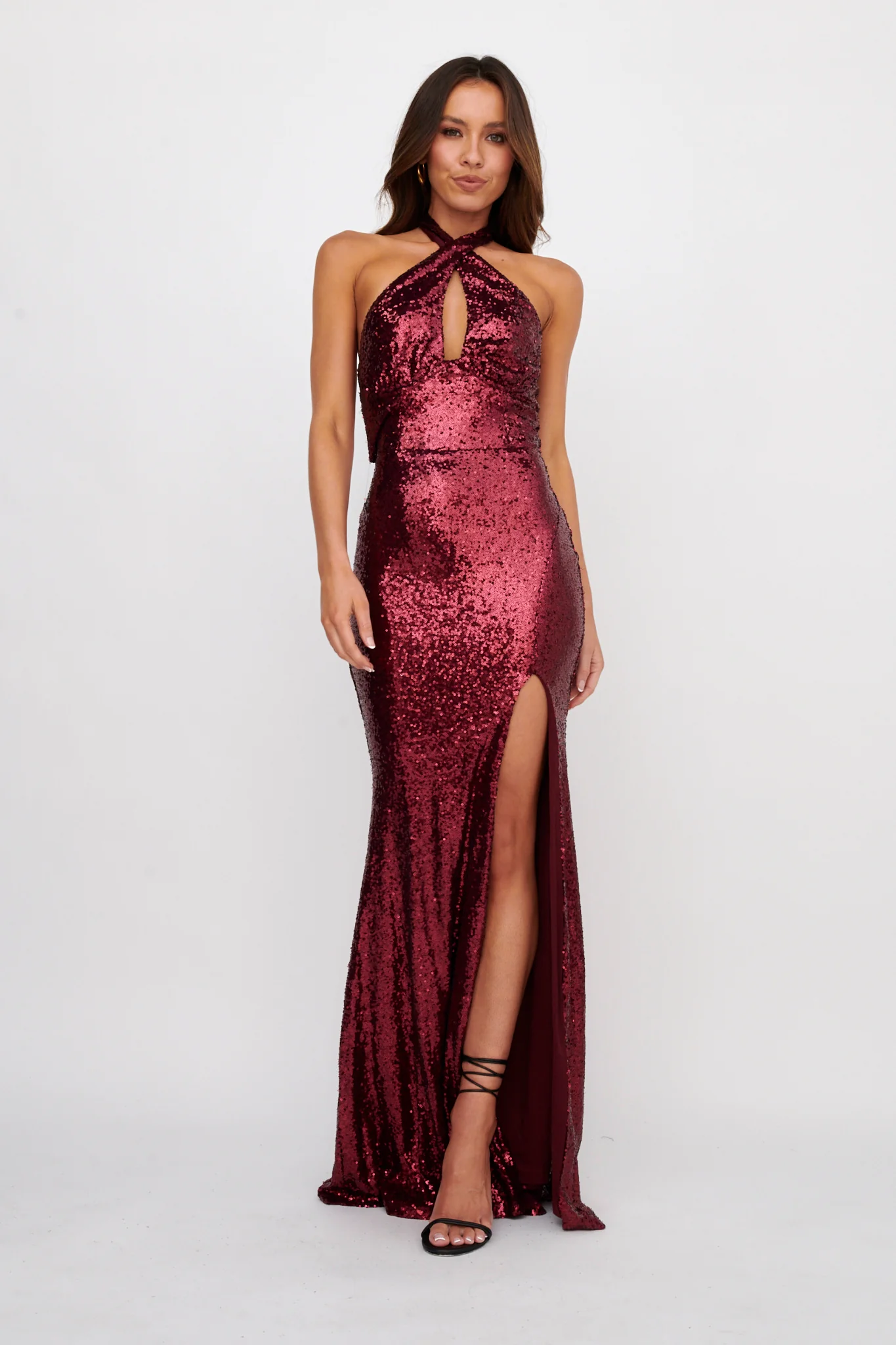 Rosella Halterneck Sequin Maxi Dress Burgundy - Seraphlike