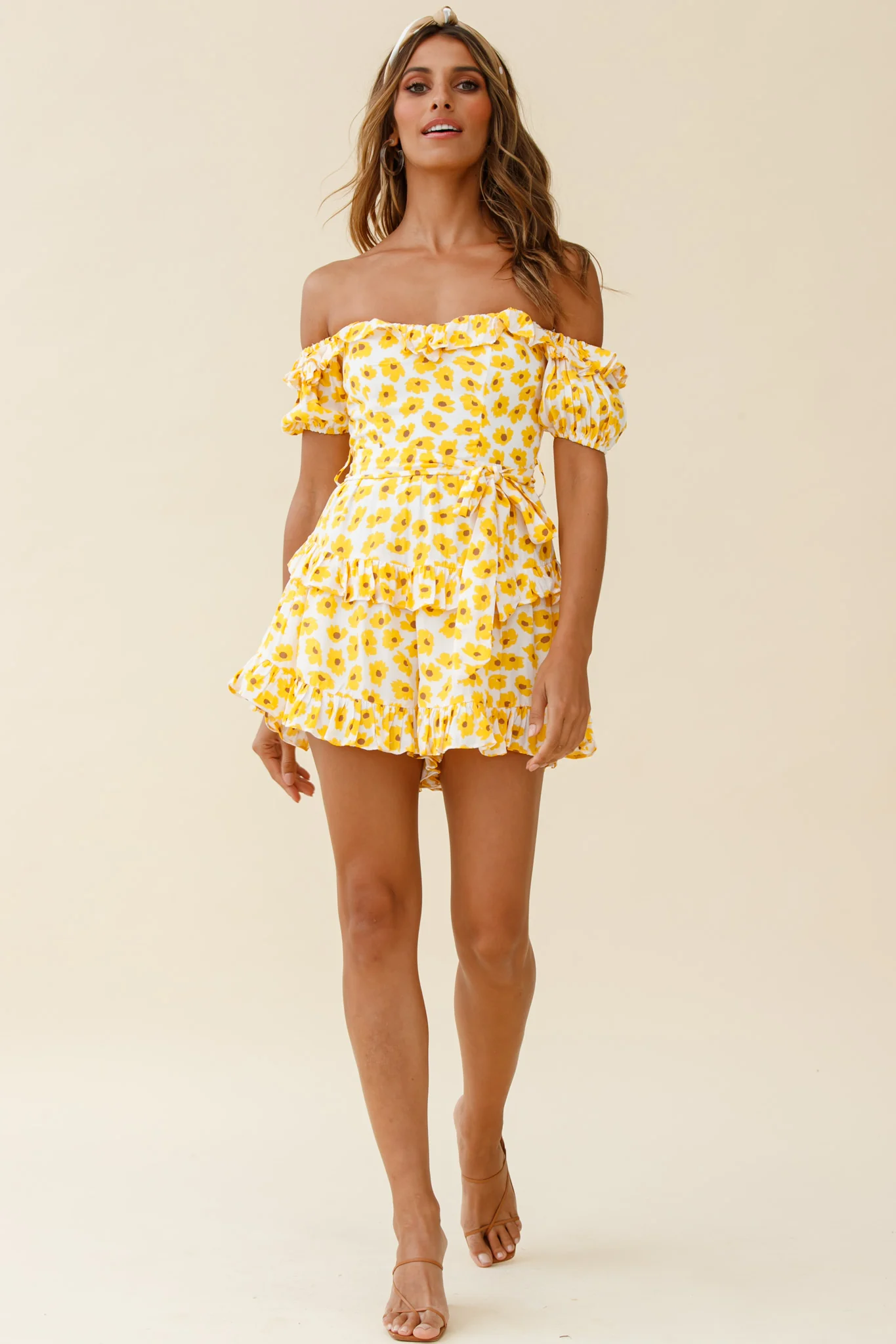 Tulsa Off Shoulder Waist Tie Frill Romper Floral Print White/Yellow - Seraphlike