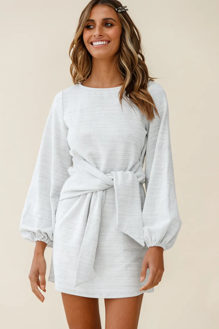 Rapt Waist Tie Bishop Sleeve Knit Dress Steel Grey - Seraphlike