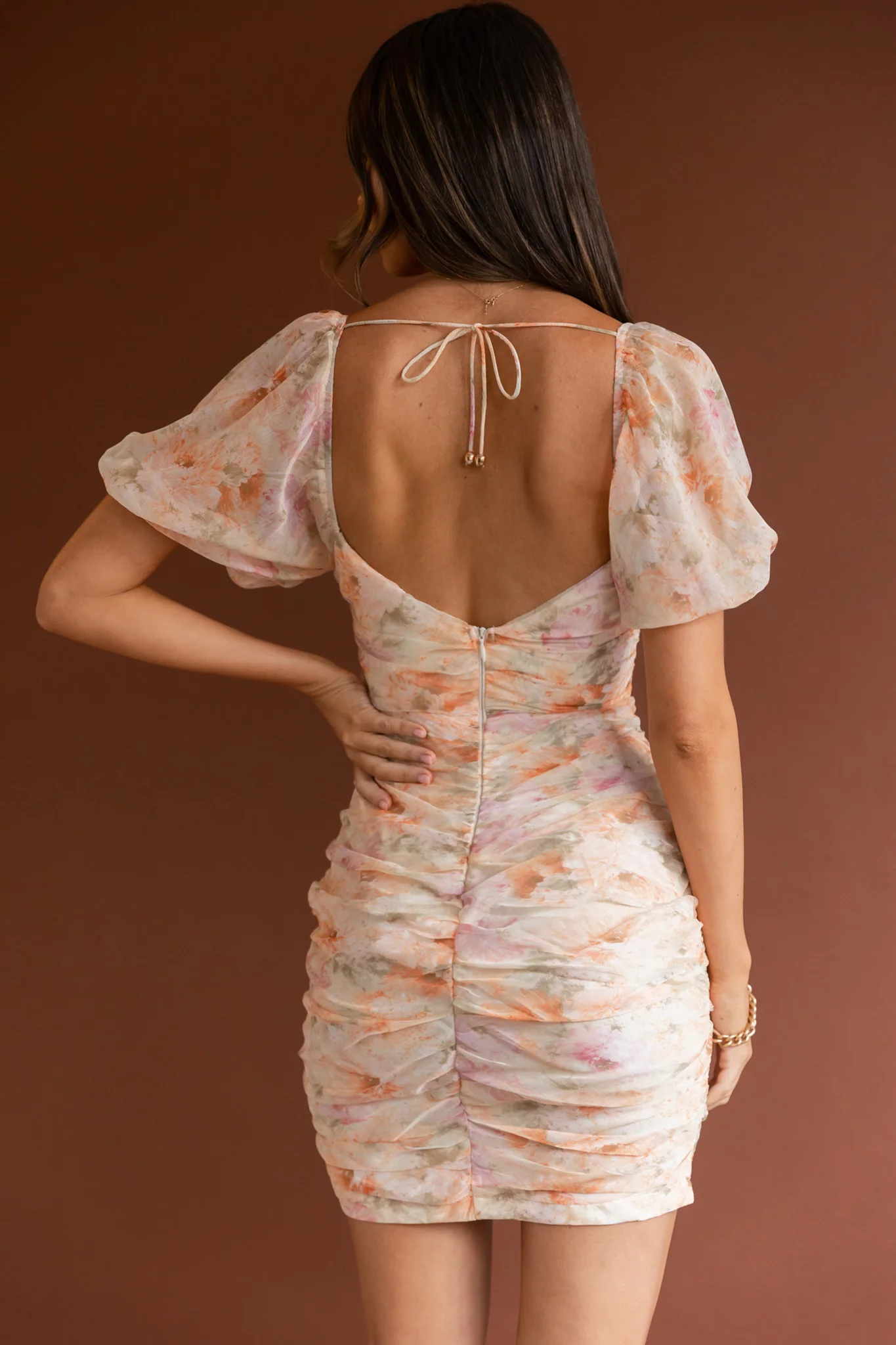 Good Vibes Puff Sleeve Deep V-Neckline Mini Dress Floral Print Orange - Seraphlike