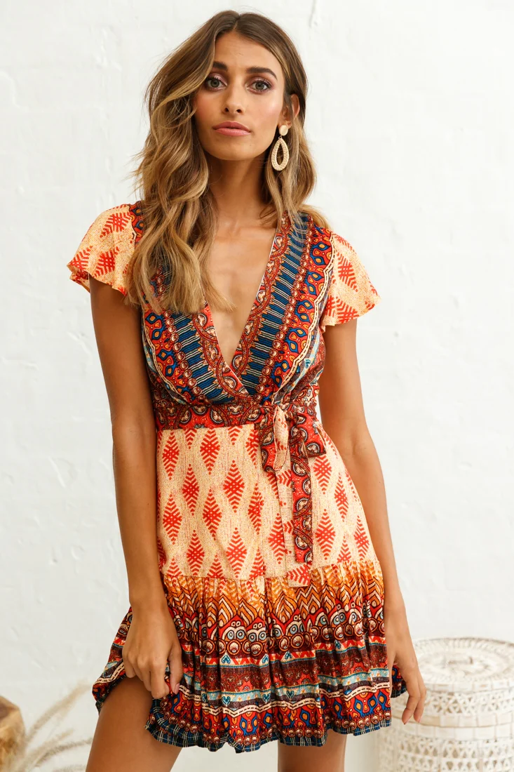 Mayan Angel Sleeve Waist Tie Dress Red Print - Seraphlike