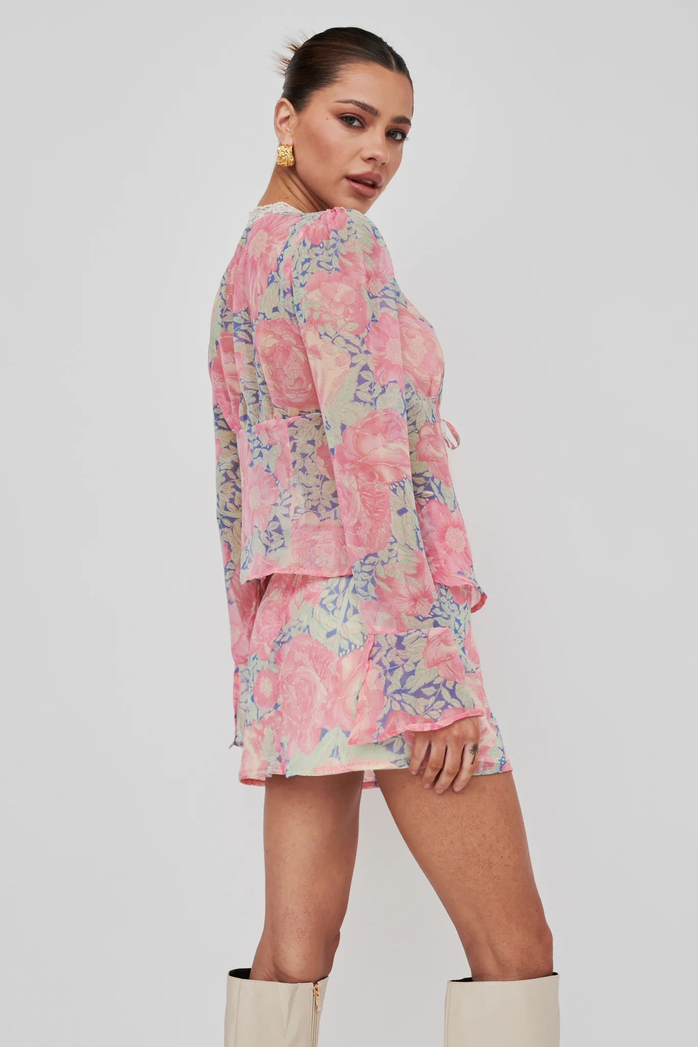 Sincerity Long Sleeve Tie Front Top Print Blue - Seraphlike