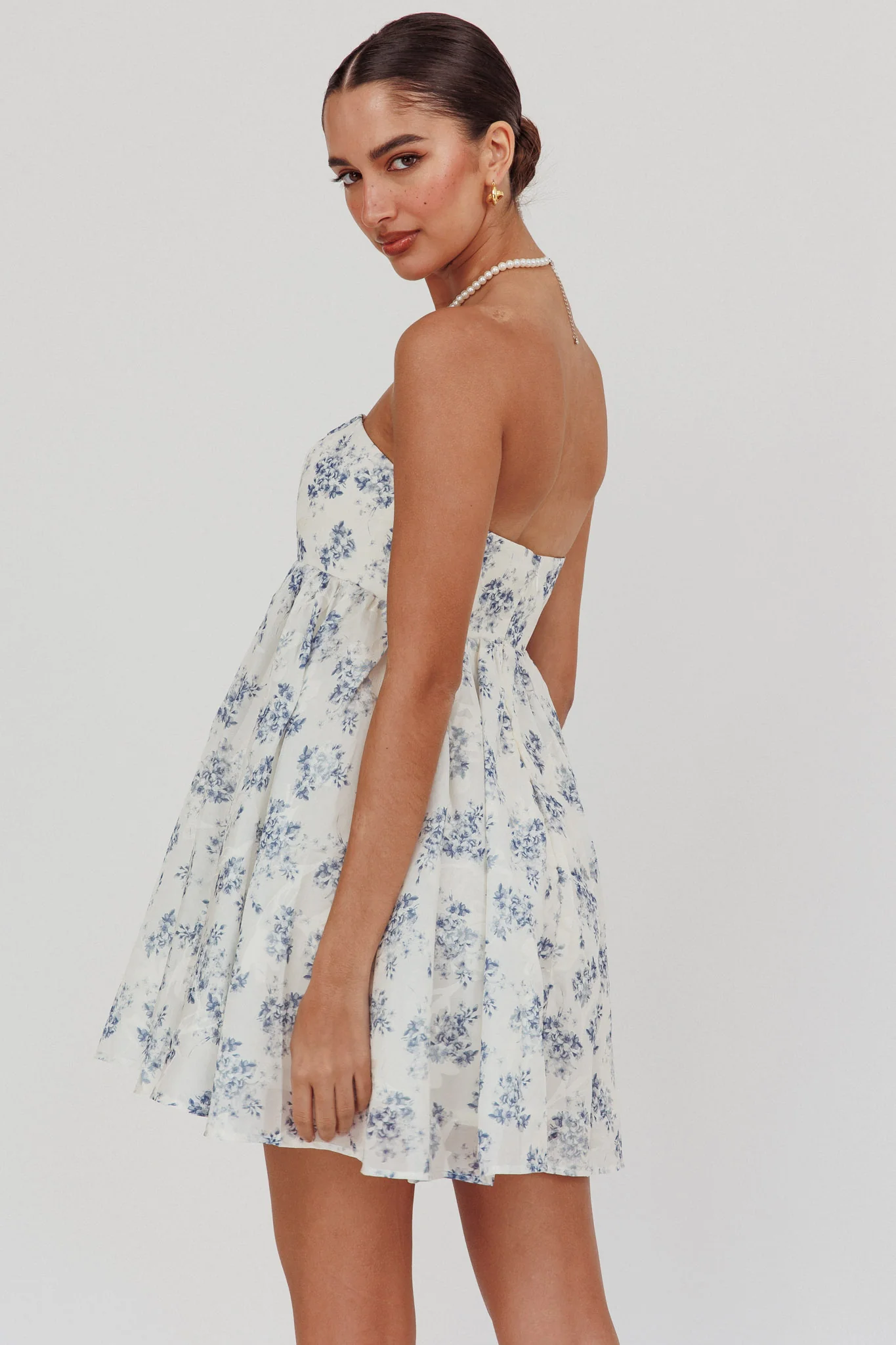 Vitoria Strapless Babydoll Dress Floral Blue - Seraphlike