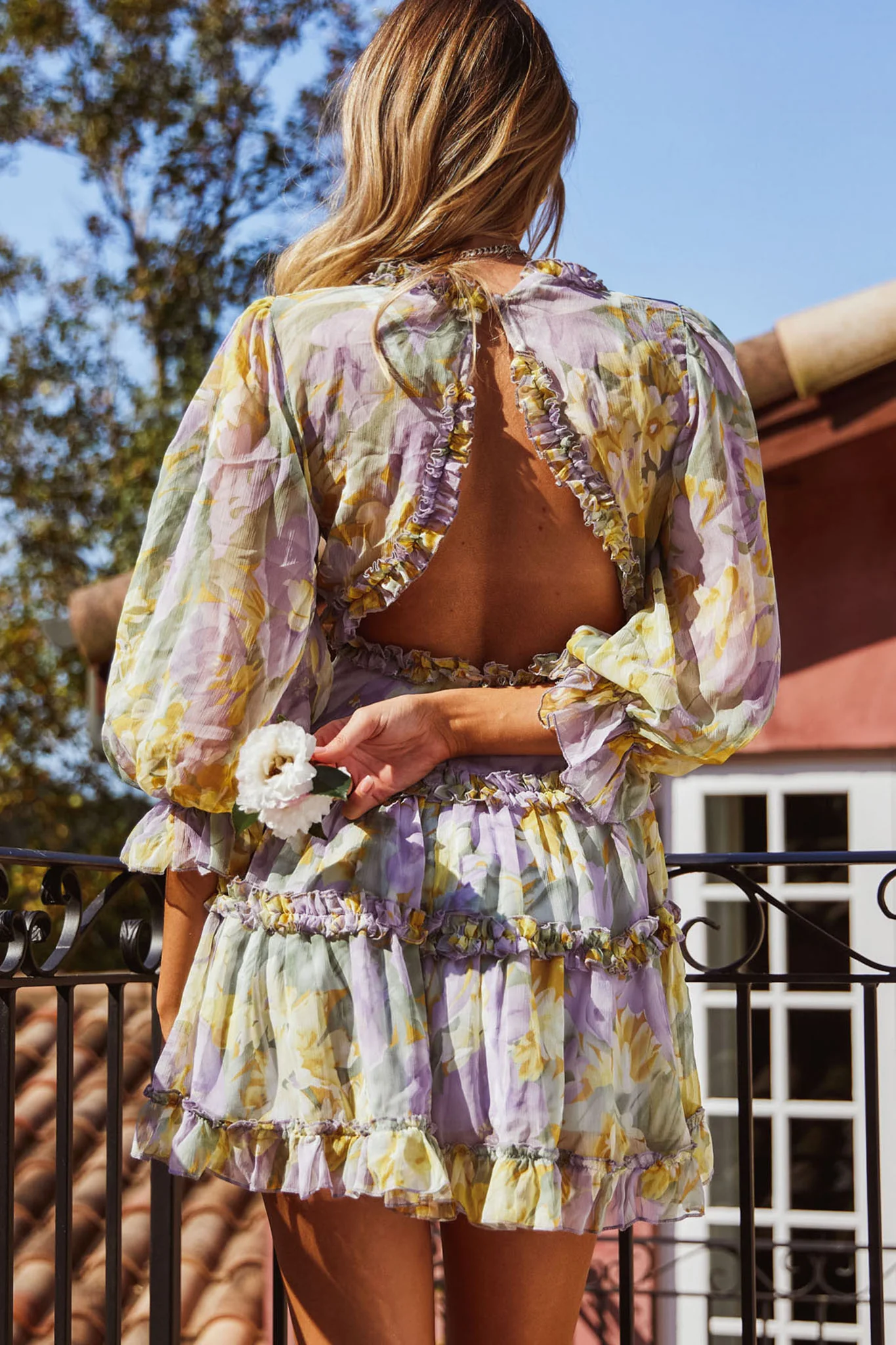 Laney Cutout Back Ruffle Trim Dress Watercolor Floral Print Yellow - Seraphlike