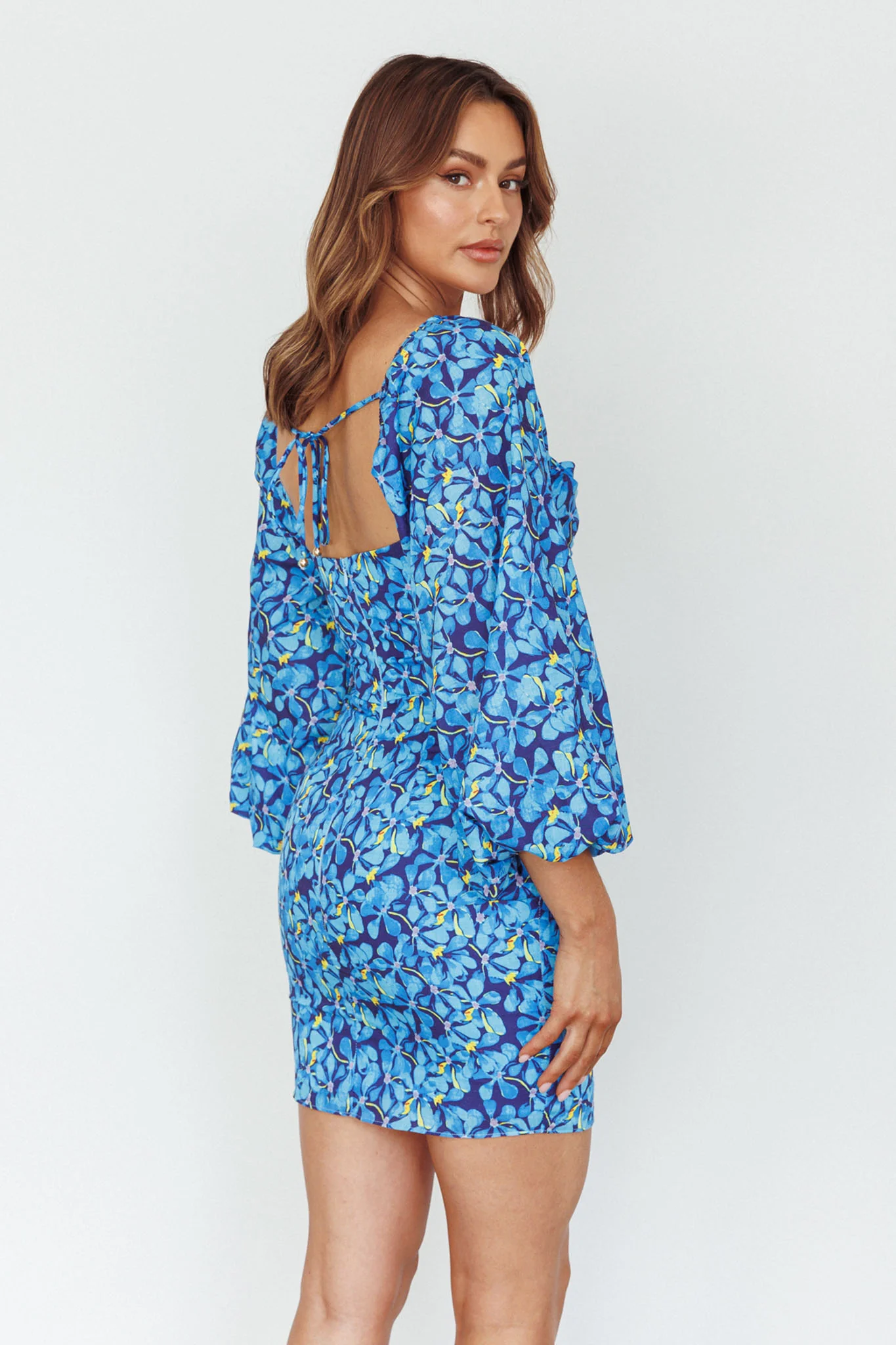 Beaujolais Long Sleeve Ruched Mini Dress Floral Blue - Seraphlike