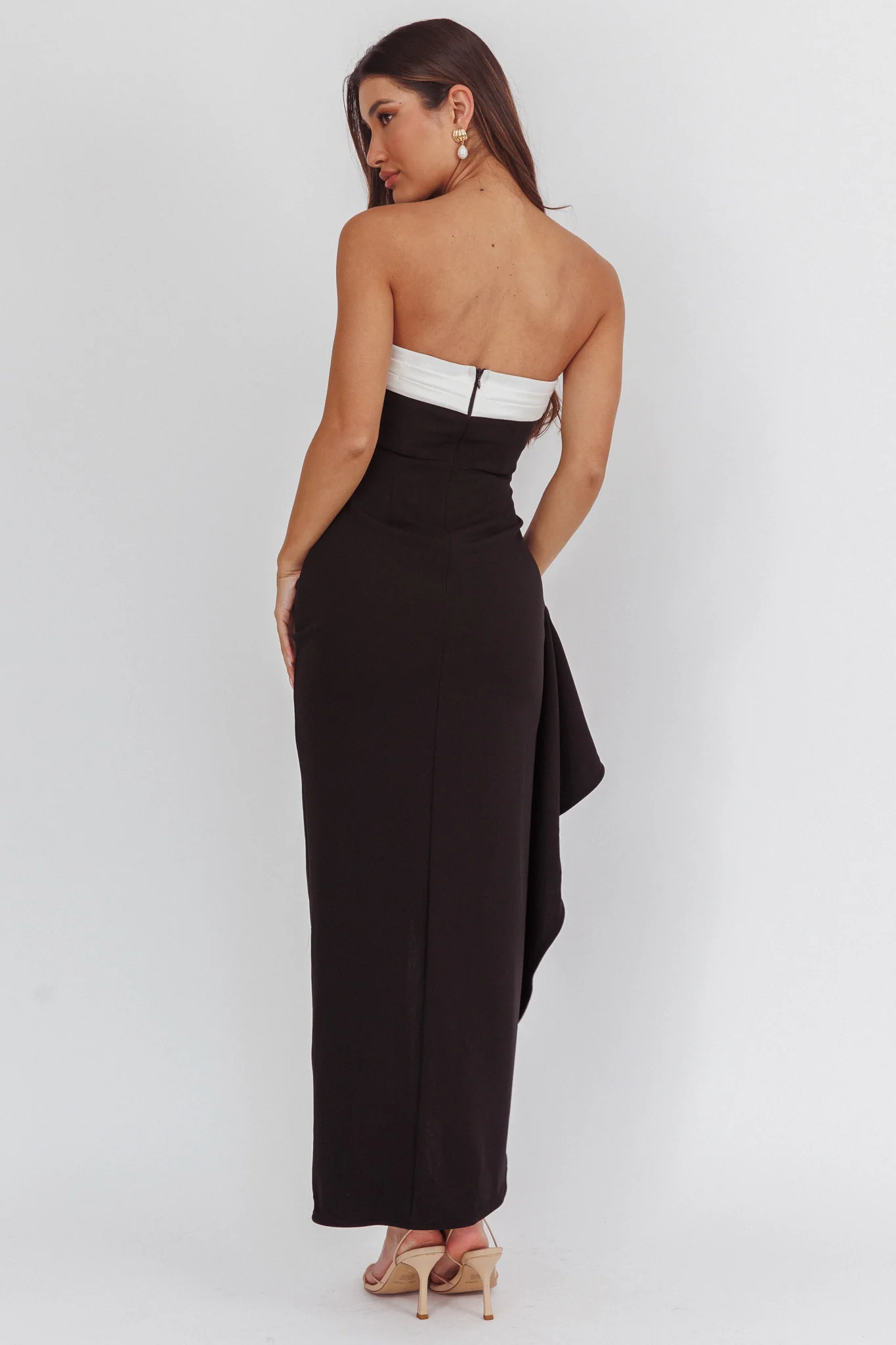 Cha Cha Strapless Thigh Split Dress Contrast Black - Seraphlike