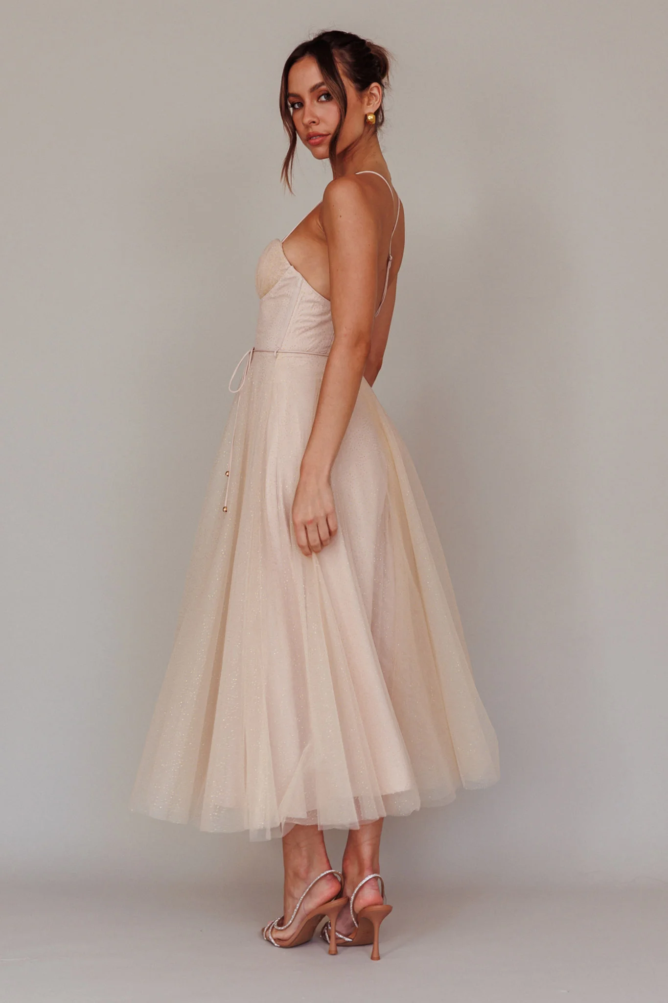 Smitten Sweetheart Neckline Chiffon Midi Dress Champagne - Seraphlike