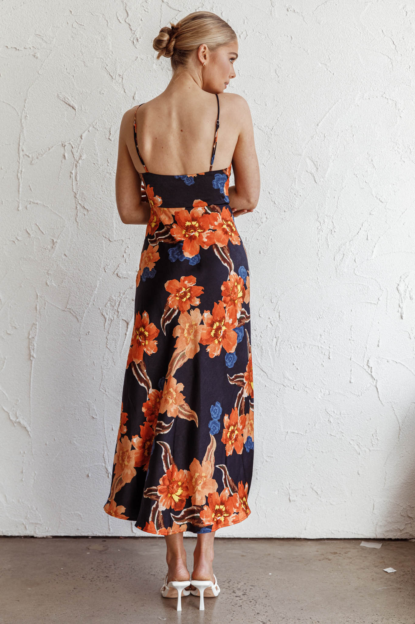 Missoula Cami Strap Padded Bust Midi Dress Flower Orange - Seraphlike