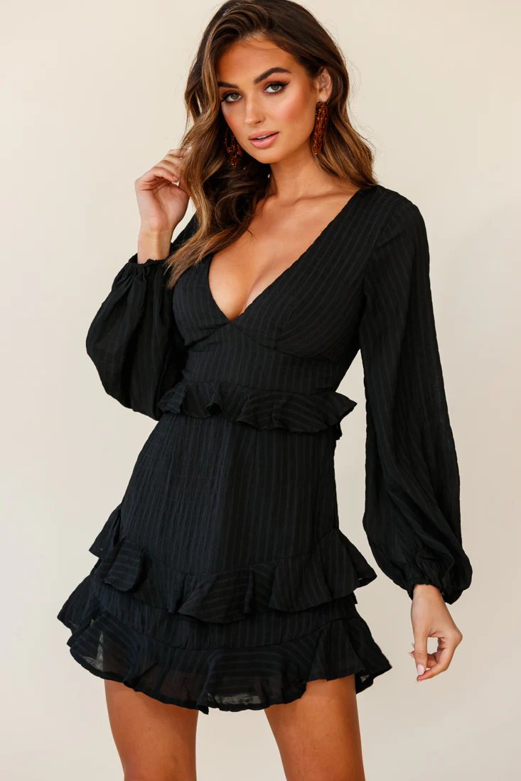 Queenie Long Balloon Sleeve Ruffle Trim Dress Black - Seraphlike