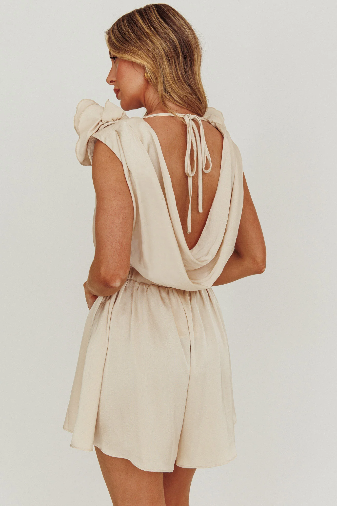 Hallie Cowl Neck Rosette Romper Champagne - Seraphlike