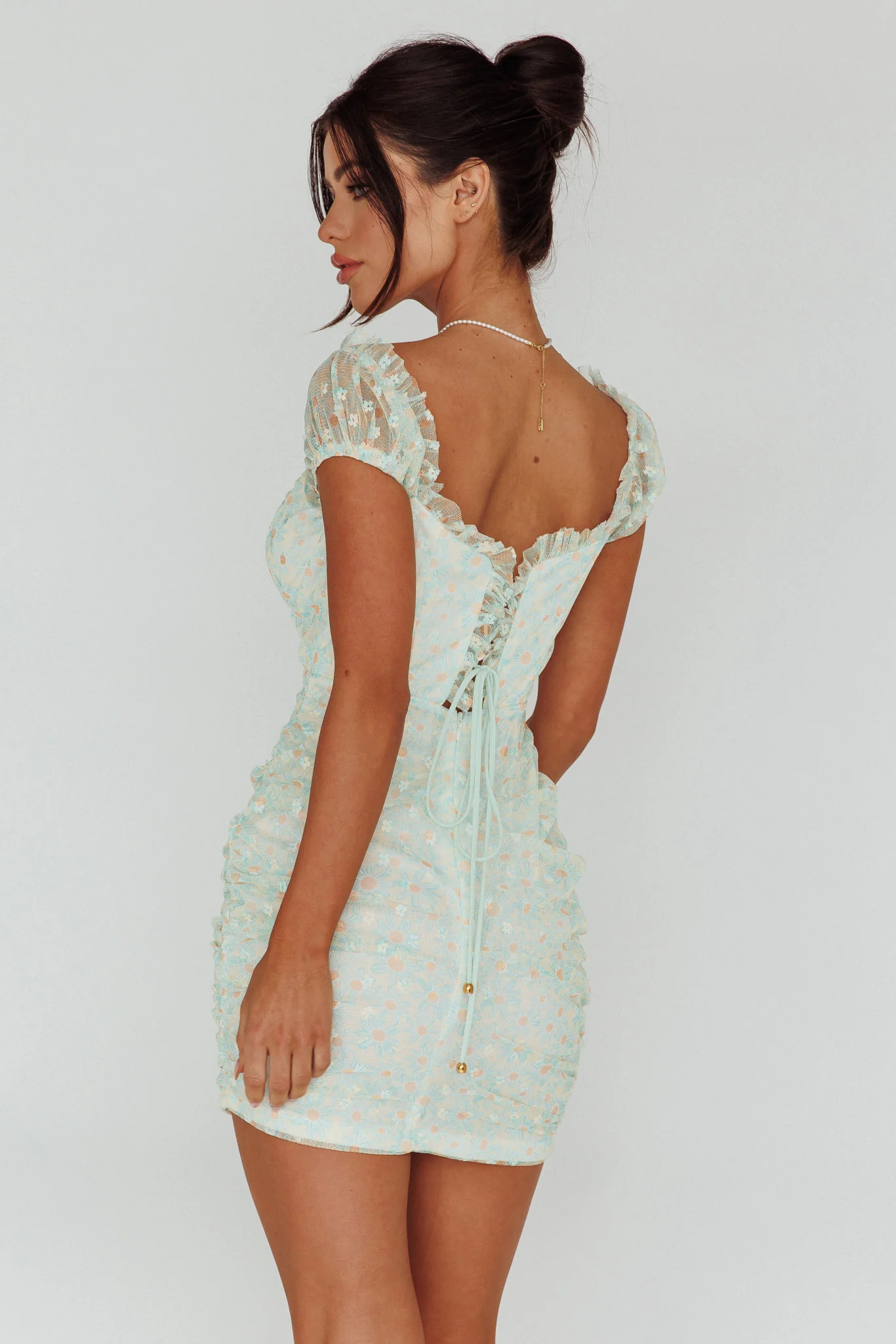 Daisy Chains Lace-up Back Mini Dress Green - Seraphlike