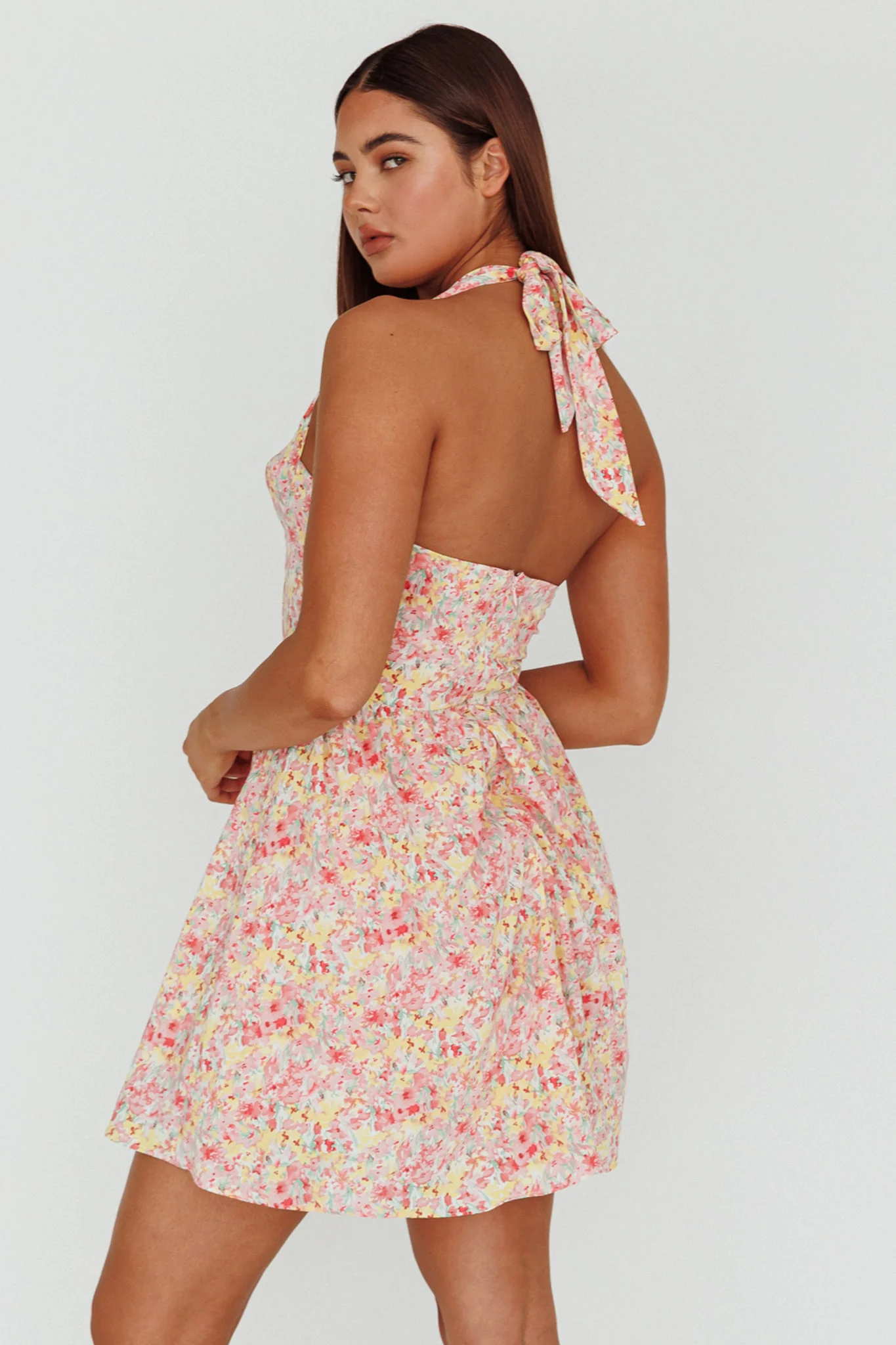 Hey Baby Halterneck Mini Dress Pink Floral - Seraphlike